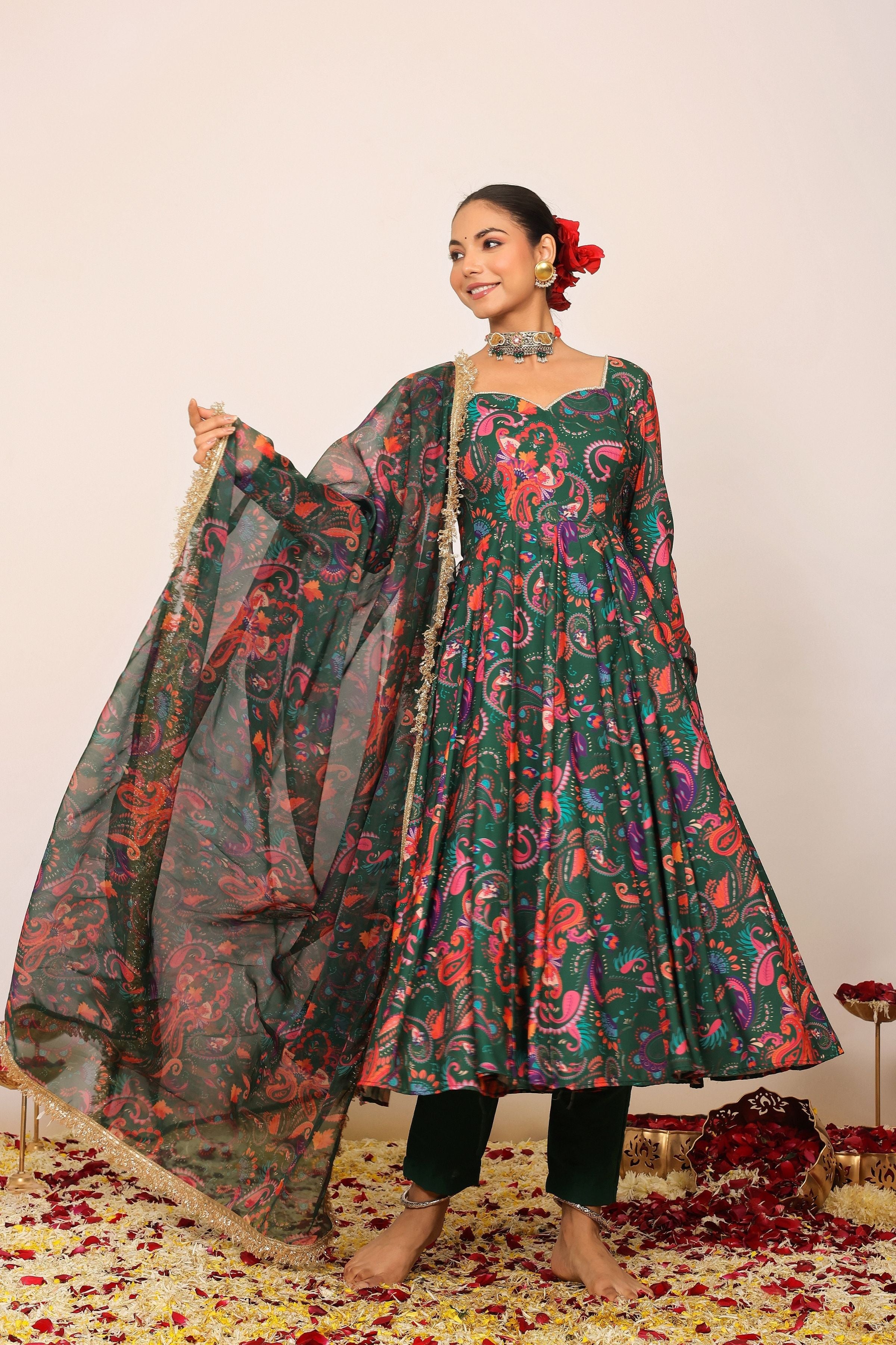 Green and Pink Floral Printed Anarkali Suit Set Paired With Pant and Dupatta - Kaoribyshreya
