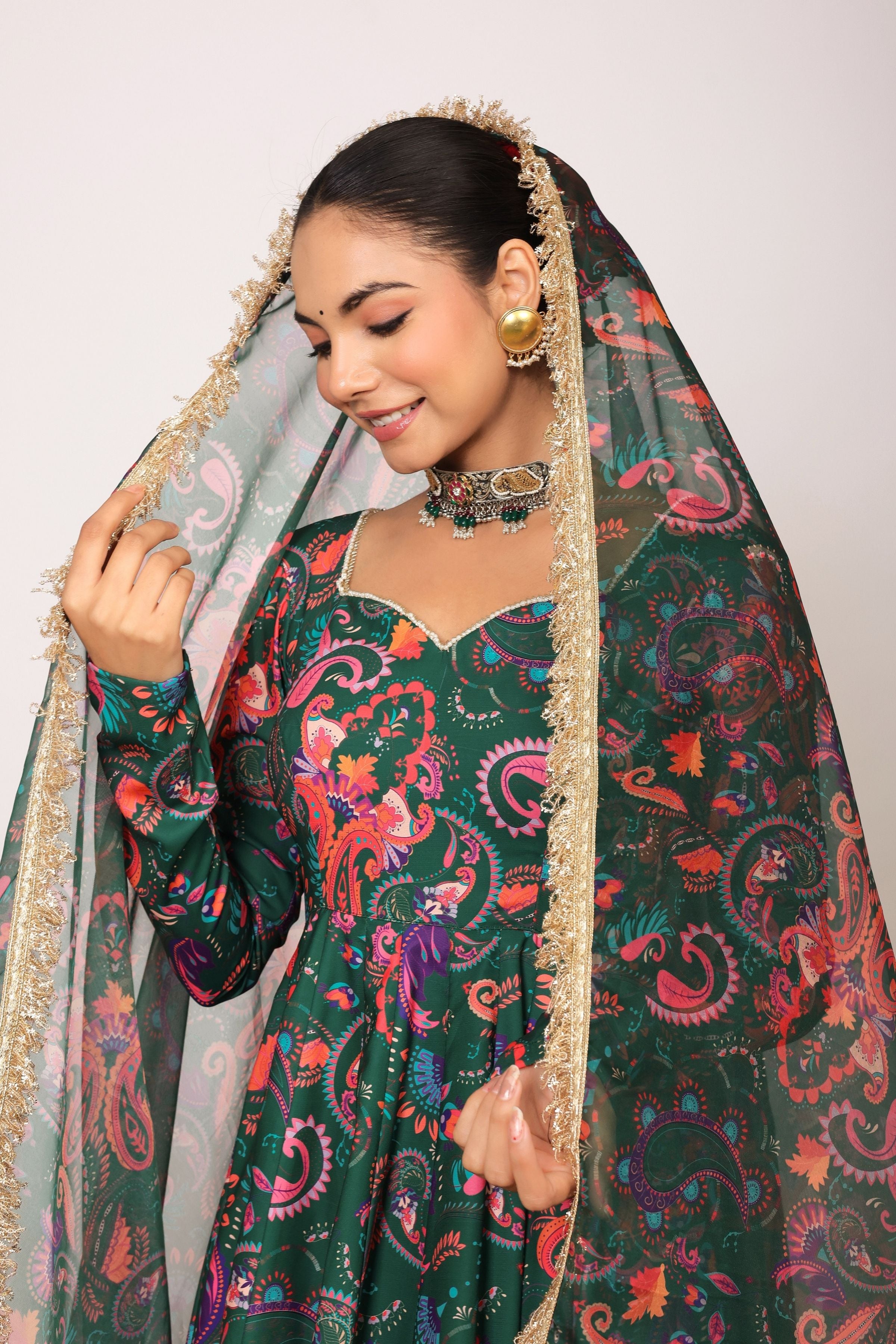 Green and Pink Floral Printed Anarkali Suit Set Paired With Pant and Dupatta - Kaoribyshreya