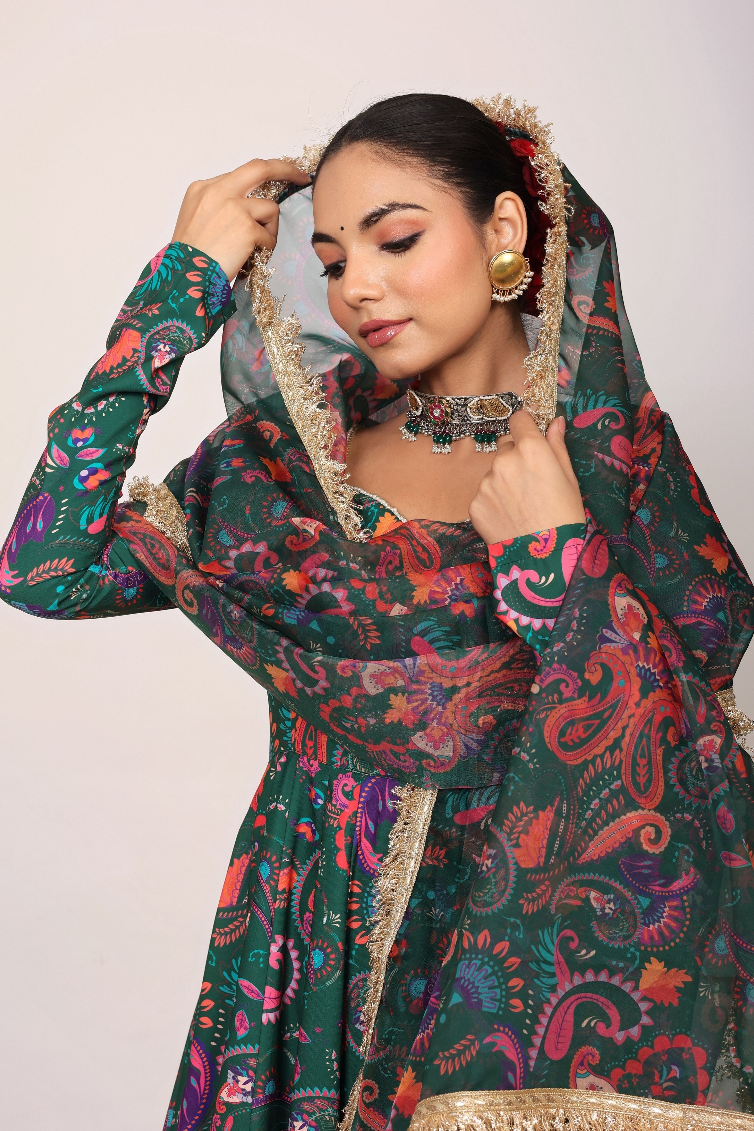 Green and Pink Floral Printed Anarkali Suit Set Paired With Pant and Dupatta - Kaoribyshreya