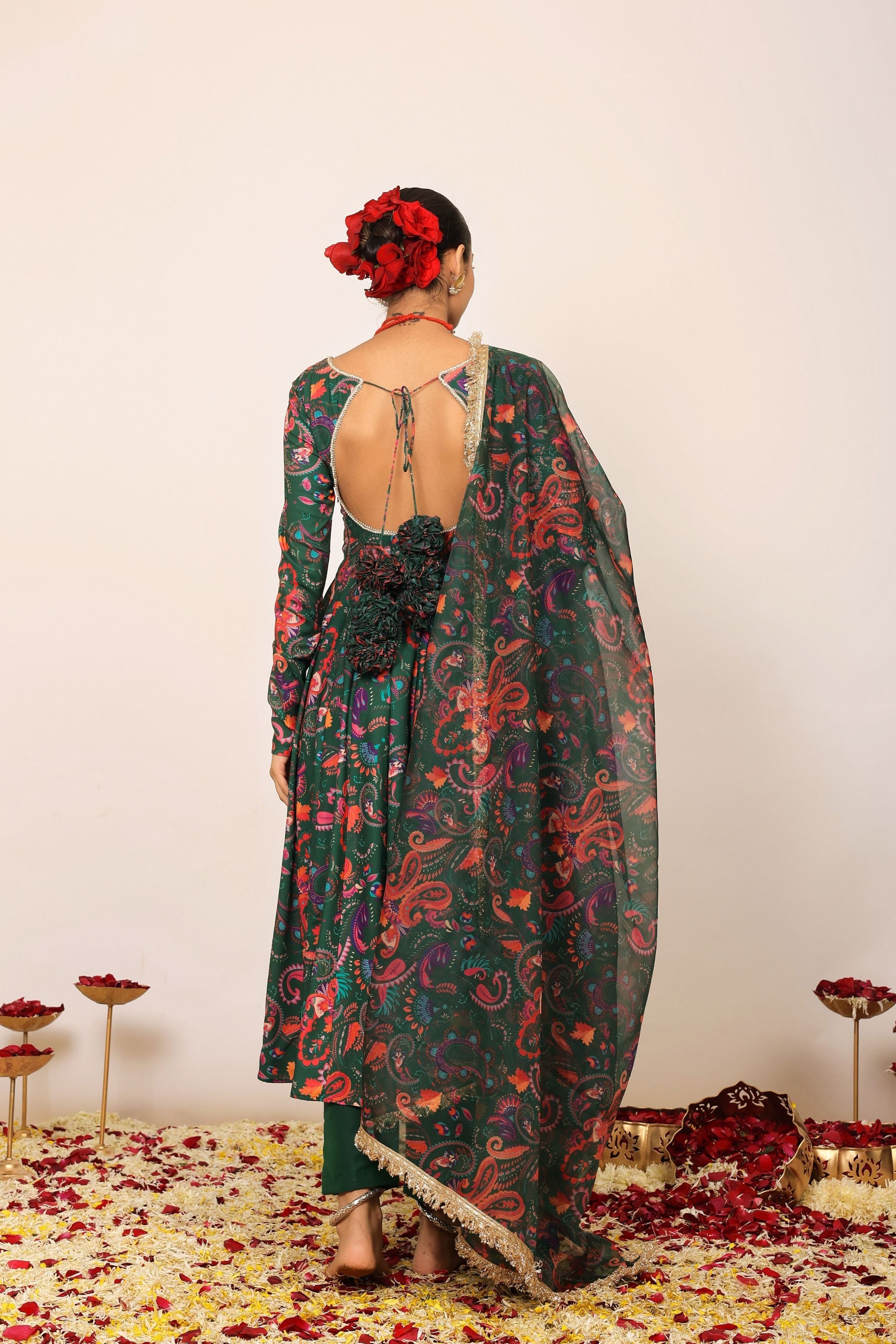 Green and Pink Floral Printed Anarkali Suit Set Paired With Pant and Dupatta - Kaoribyshreya