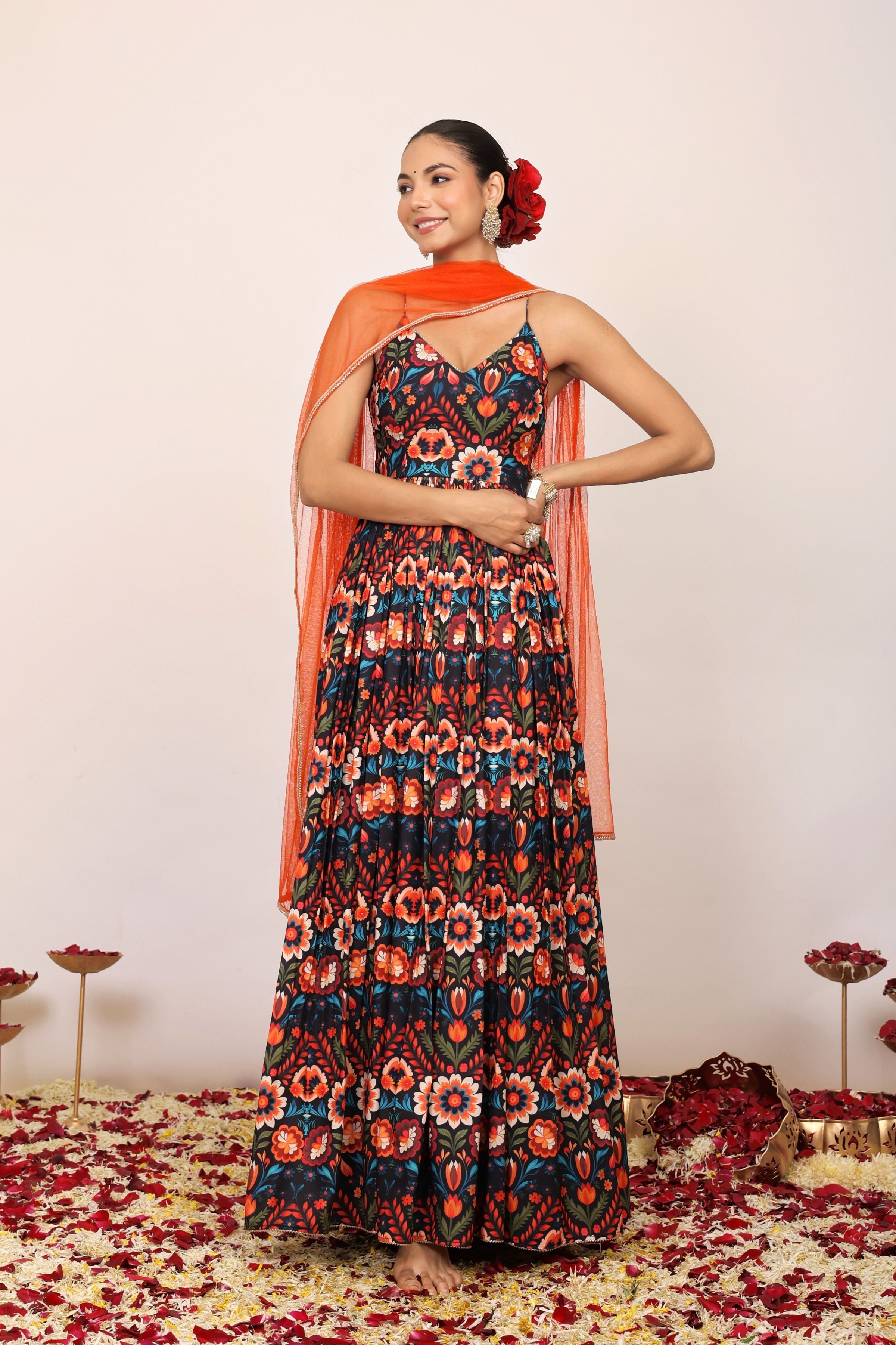 Floral Printed Multicolor Anarkali Kurta Set with Sweatheart Neckline Paired With Orange Dupatta - Kaoribyshreya