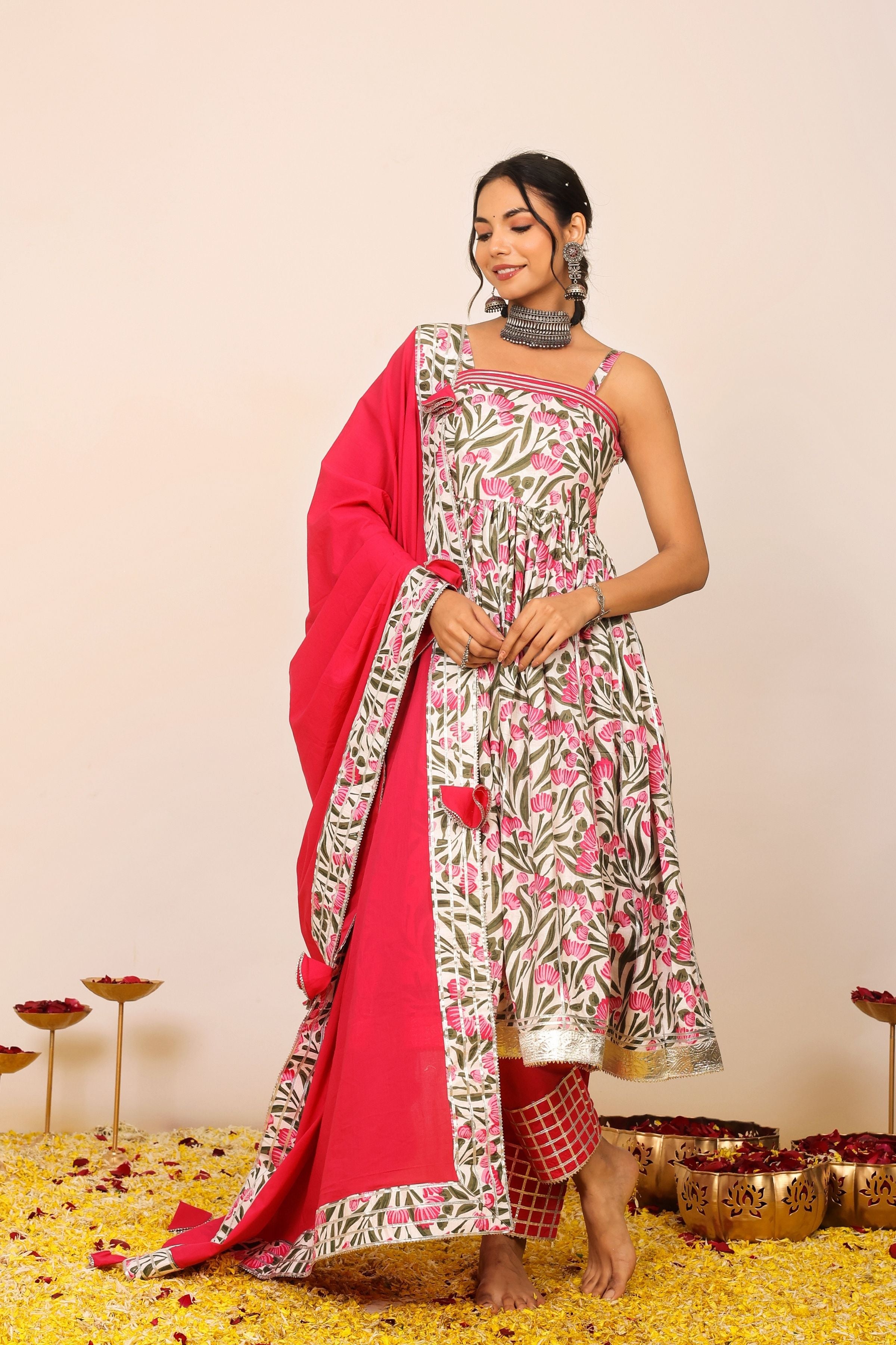 Floral Printed Multicolor Sleeveless Anarkali Suit Set Paired With Pant and Dupatta - Kaoribyshreya