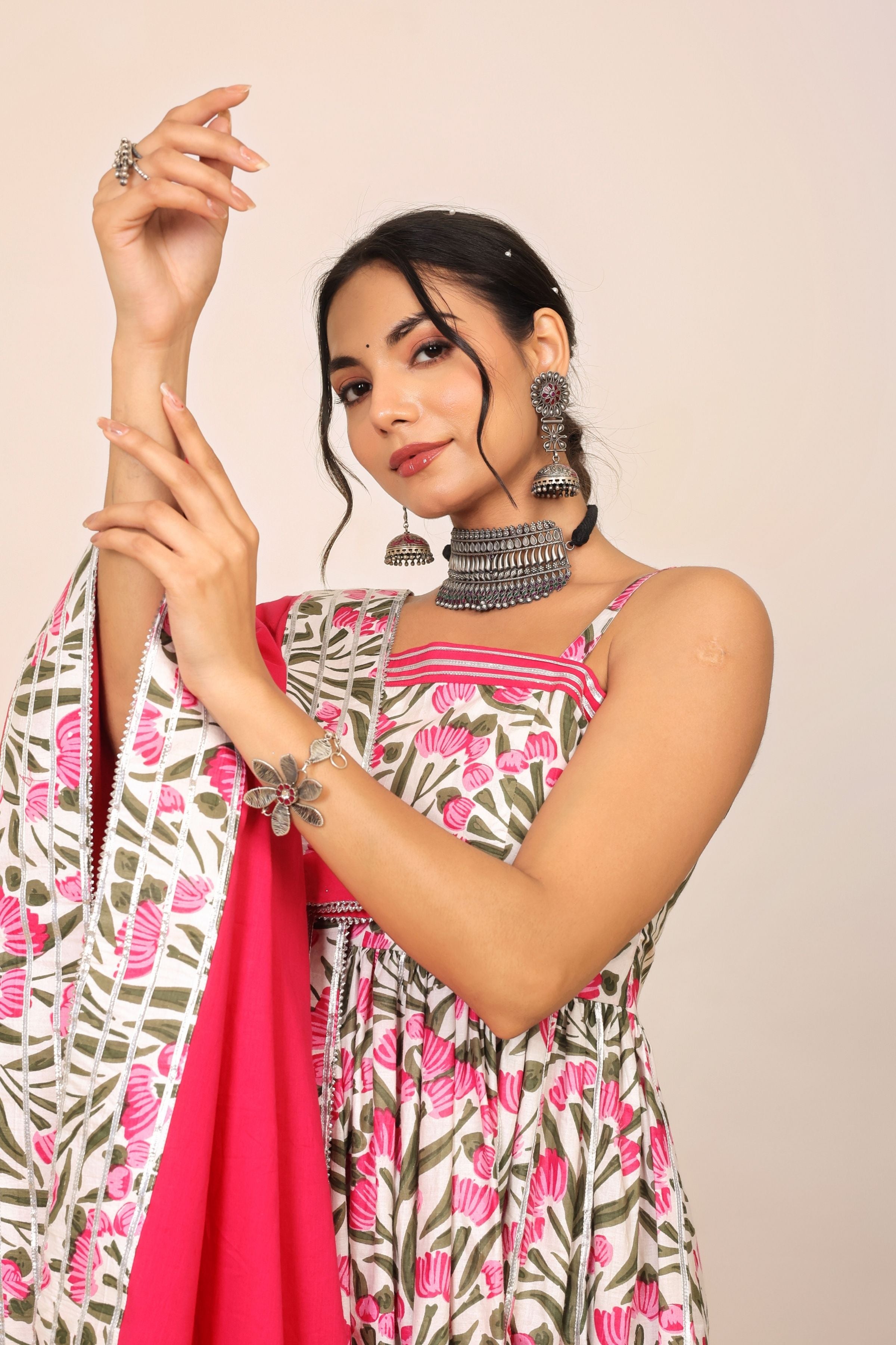 Floral Printed Multicolor Sleeveless Anarkali Suit Set Paired With Pant and Dupatta - Kaoribyshreya