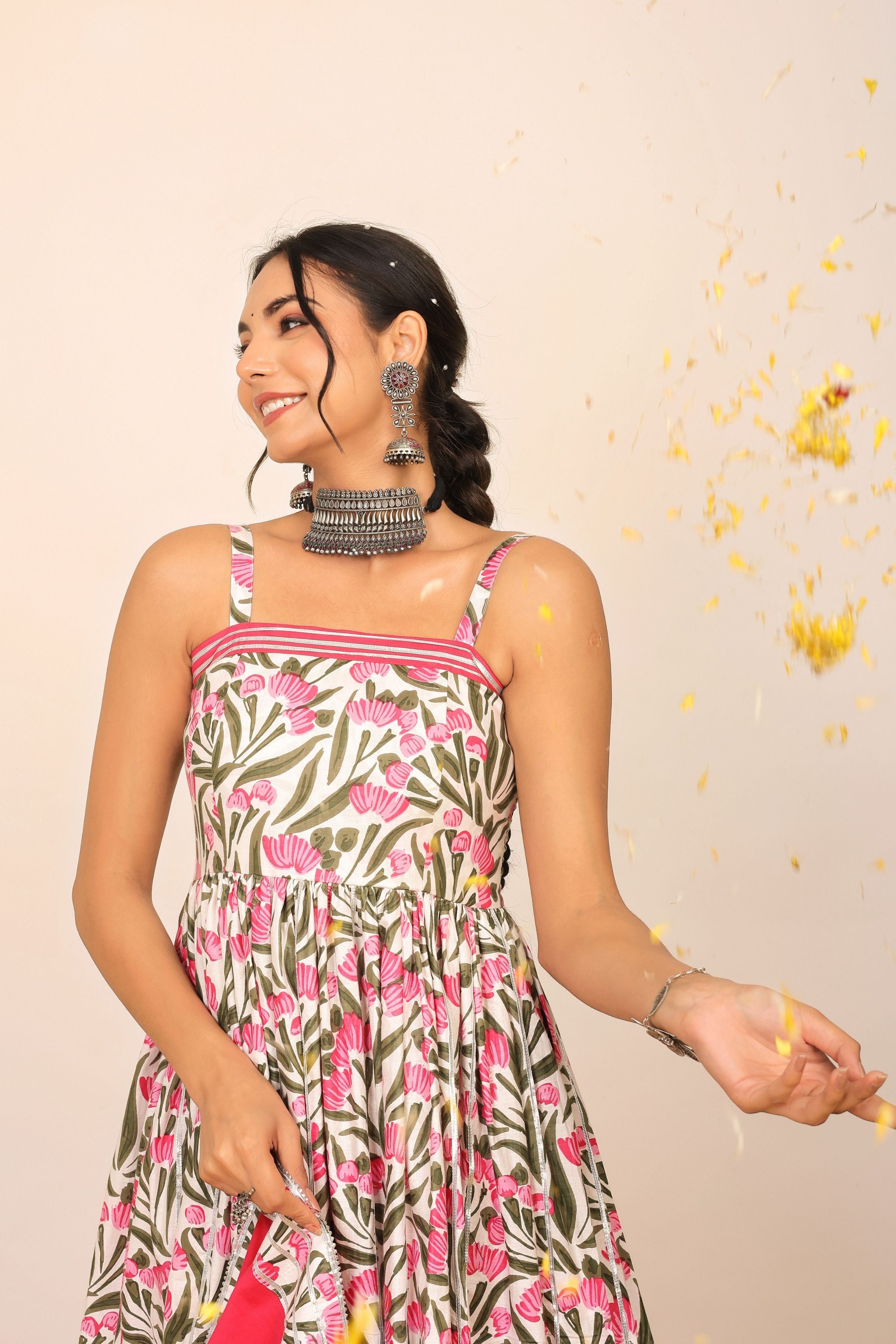 Floral Printed Multicolor Sleeveless Anarkali Suit Set Paired With Pant and Dupatta - Kaoribyshreya