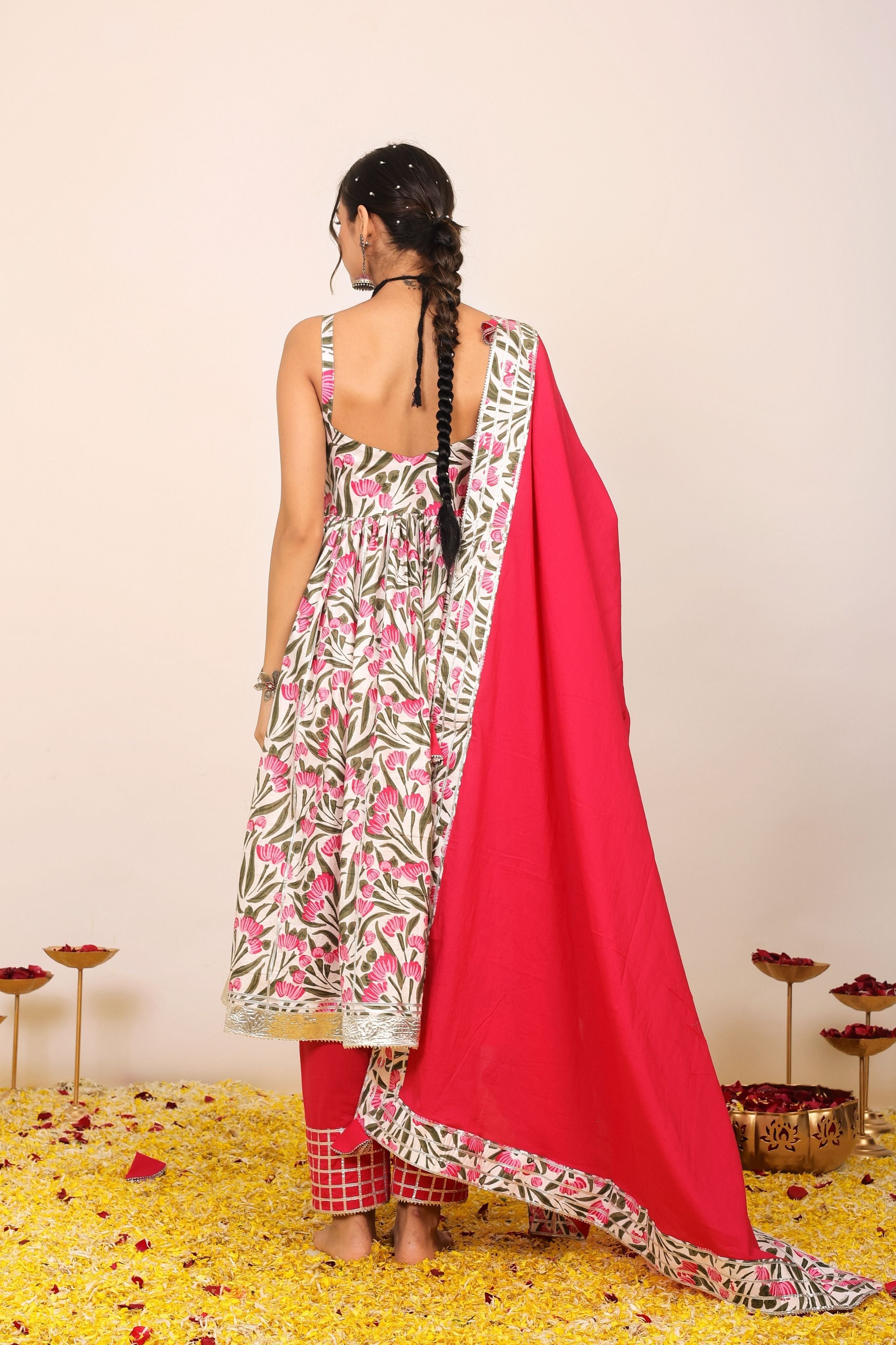 Floral Printed Multicolor Sleeveless Anarkali Suit Set Paired With Pant and Dupatta - Kaoribyshreya