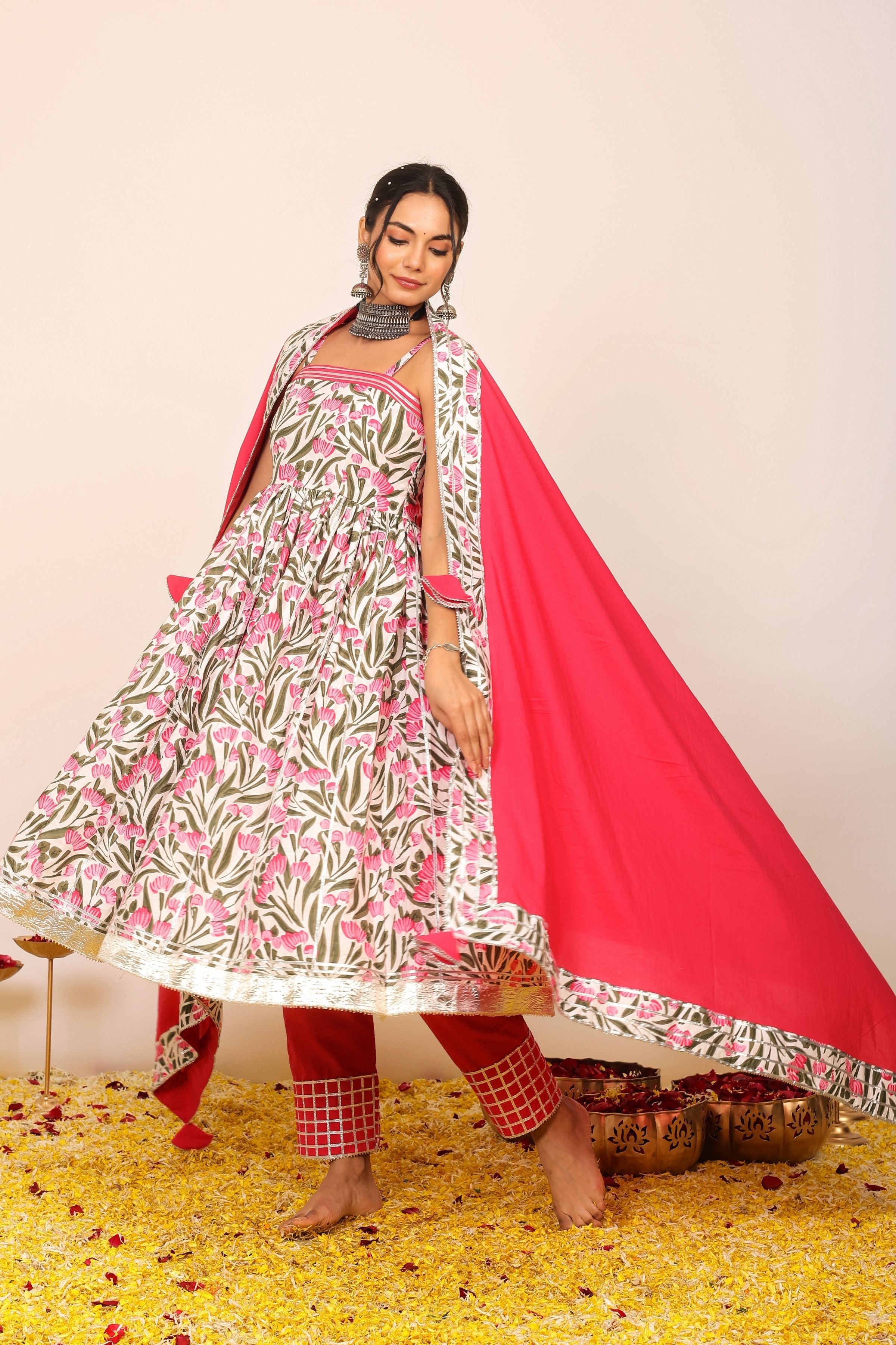 Floral Printed Multicolor Sleeveless Anarkali Suit Set Paired With Pant and Dupatta - Kaoribyshreya