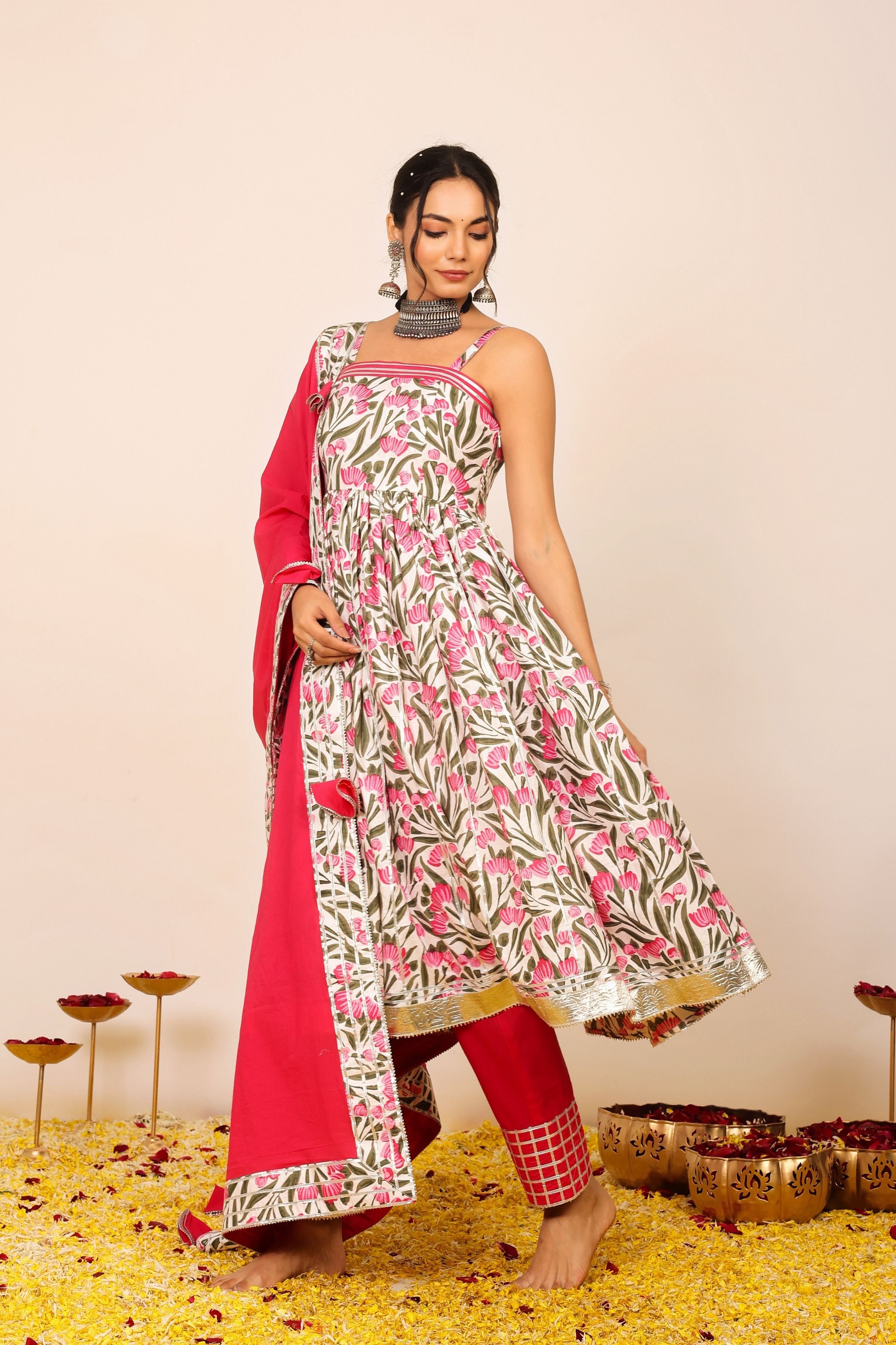Floral Printed Multicolor Sleeveless Anarkali Suit Set Paired With Pant and Dupatta - Kaoribyshreya