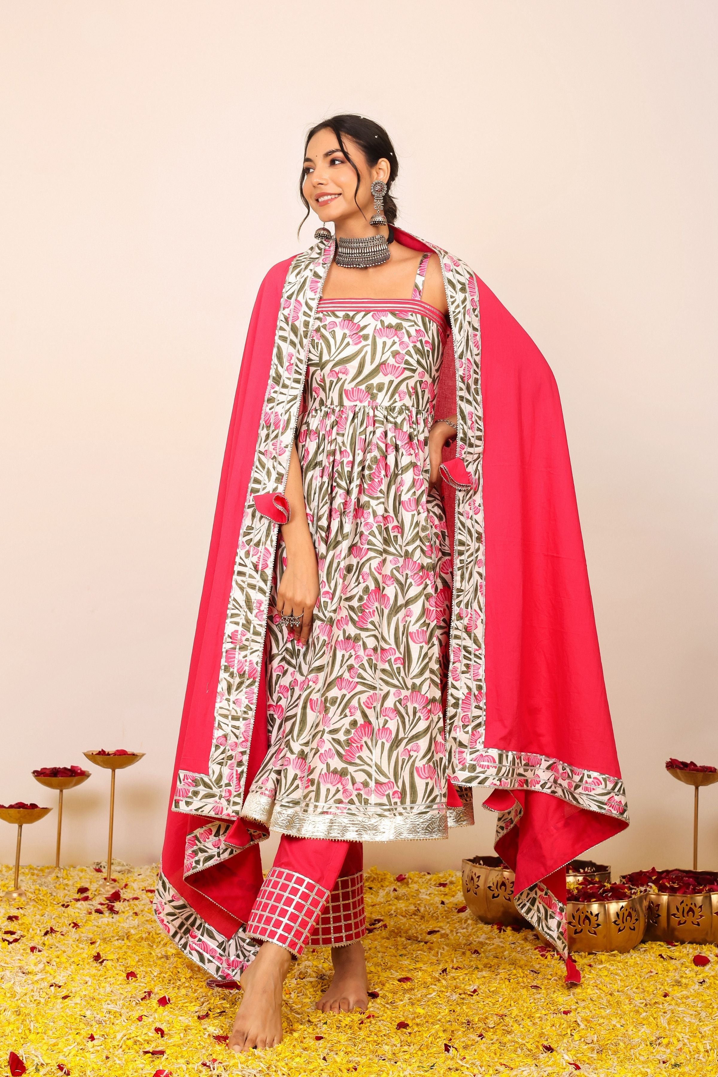 Floral Printed Multicolor Sleeveless Anarkali Suit Set Paired With Pant and Dupatta - Kaoribyshreya