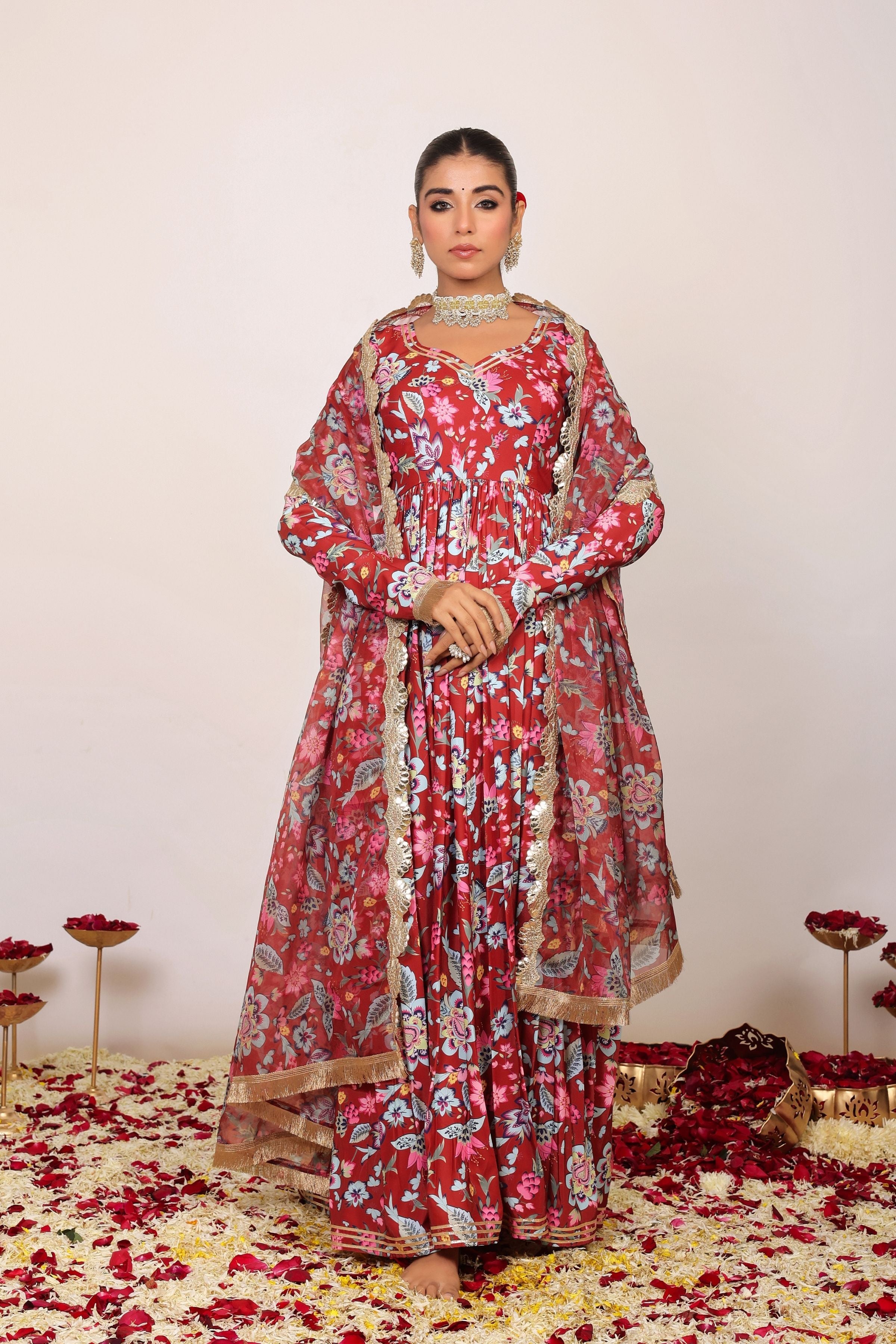 Multicolor Floral Printed Anarkali Kurta Set with Sweatheart Neckline Paired With Dupatta - Kaoribyshreya