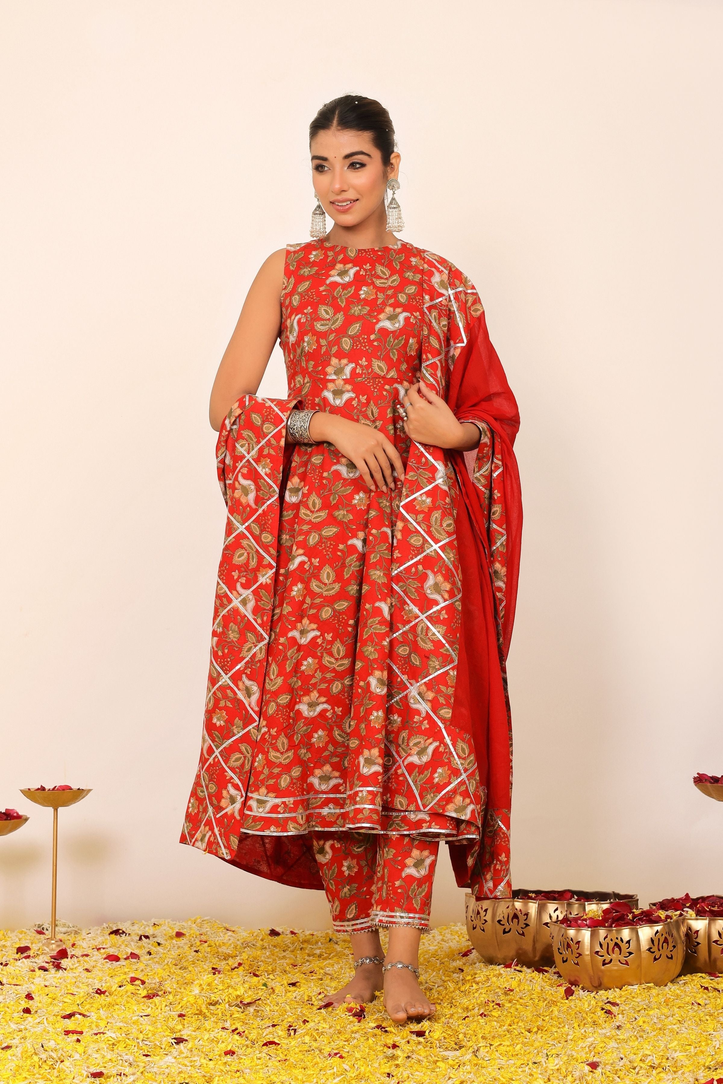 Multicolor Floral Printed Anarkali Suit Set Paired With Pant and Dupatta - Kaoribyshreya