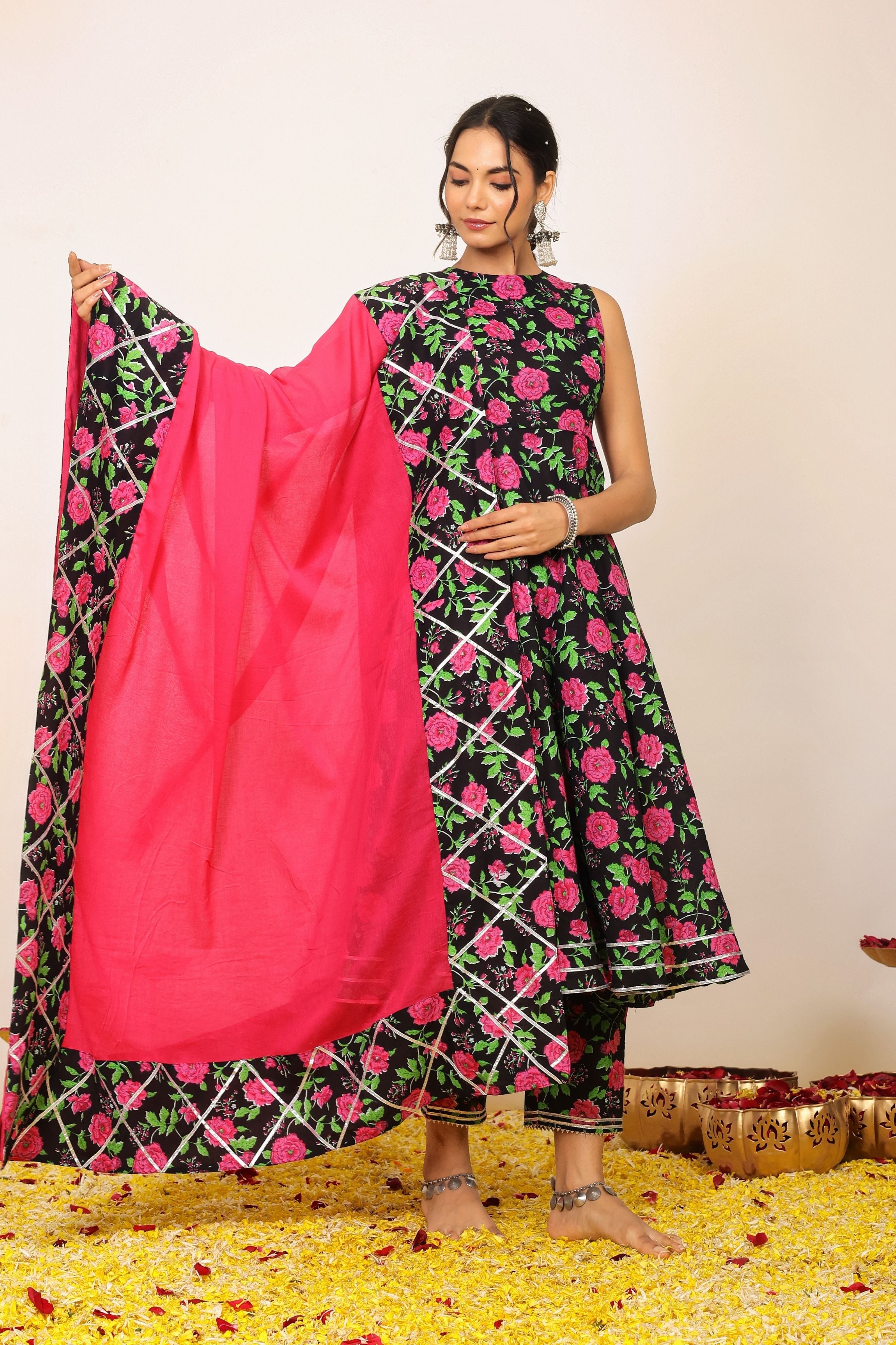 Multicolor Floral Printed Anarkali Suit Set Paired With Pant and Pink Dupatta - Kaoribyshreya