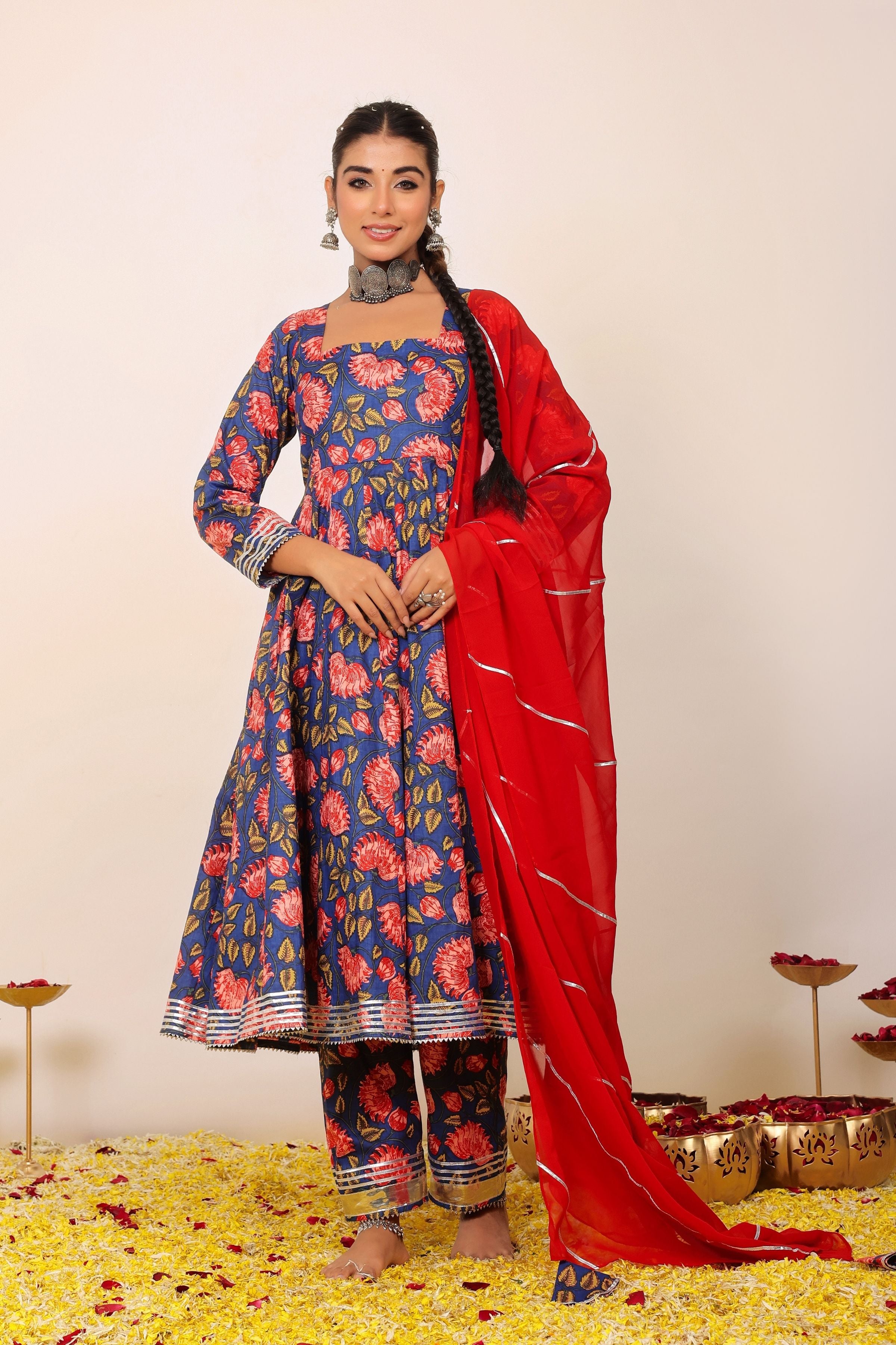 Multicolor Floral Printed Anarkali Suit Set Paired With Pant and Pink Dupatta - Kaoribyshreya