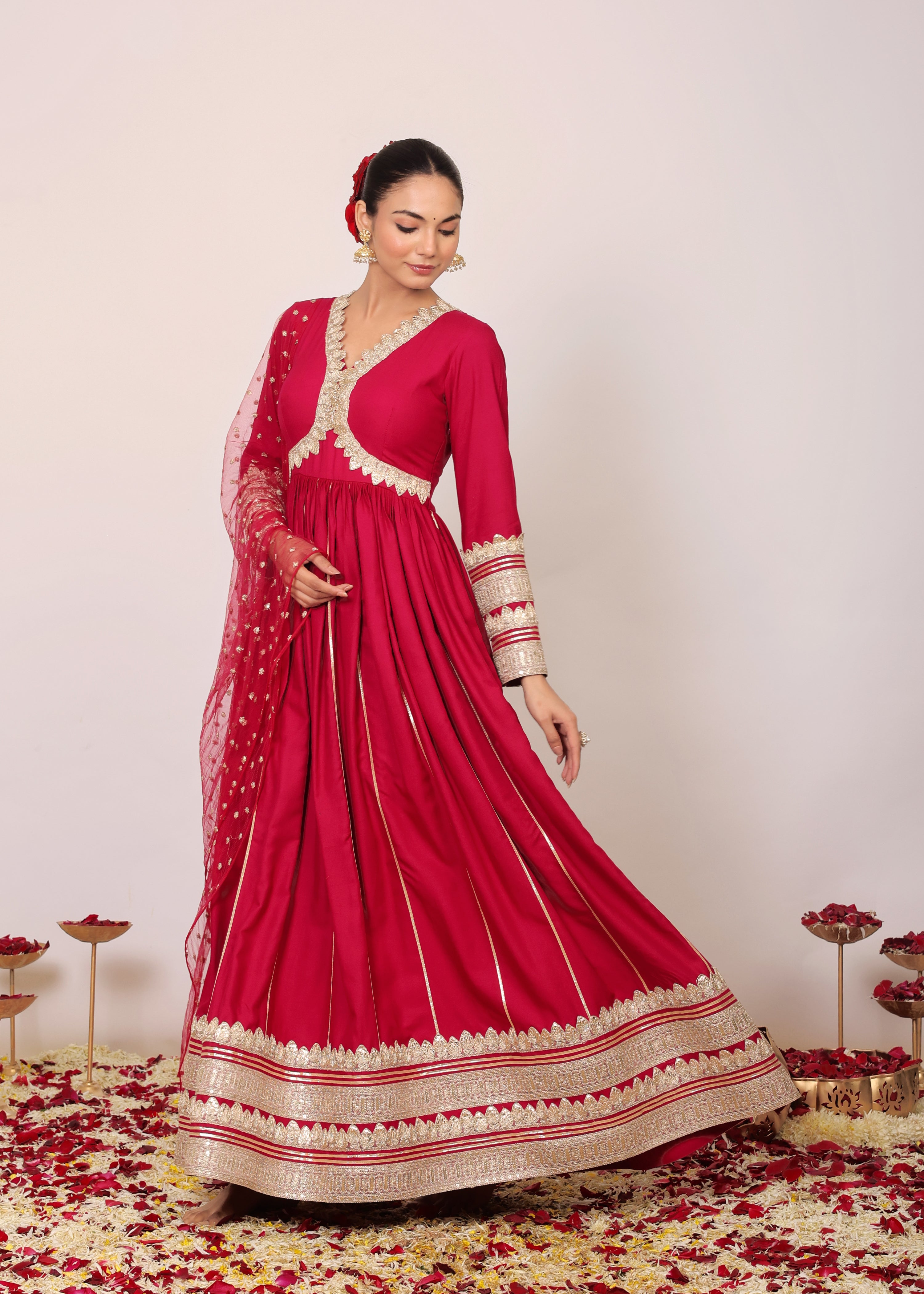 Ruby Wine Solid Anarkali Kurta Set with Gota Work at Bottom Paired With Dupatta - Kaoribyshreya