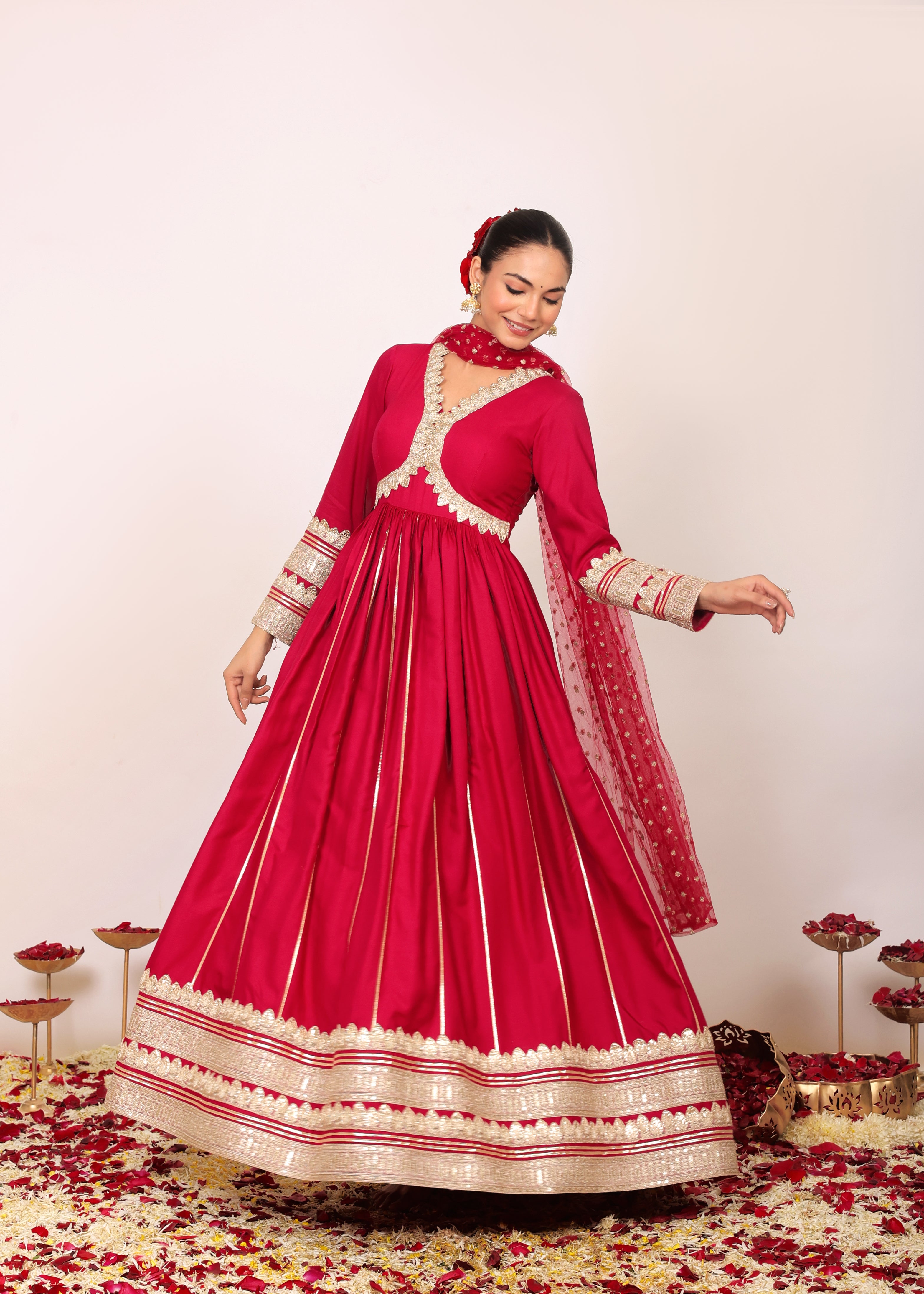 Ruby Wine Solid Anarkali Kurta Set with Gota Work at Bottom Paired With Dupatta - Kaoribyshreya