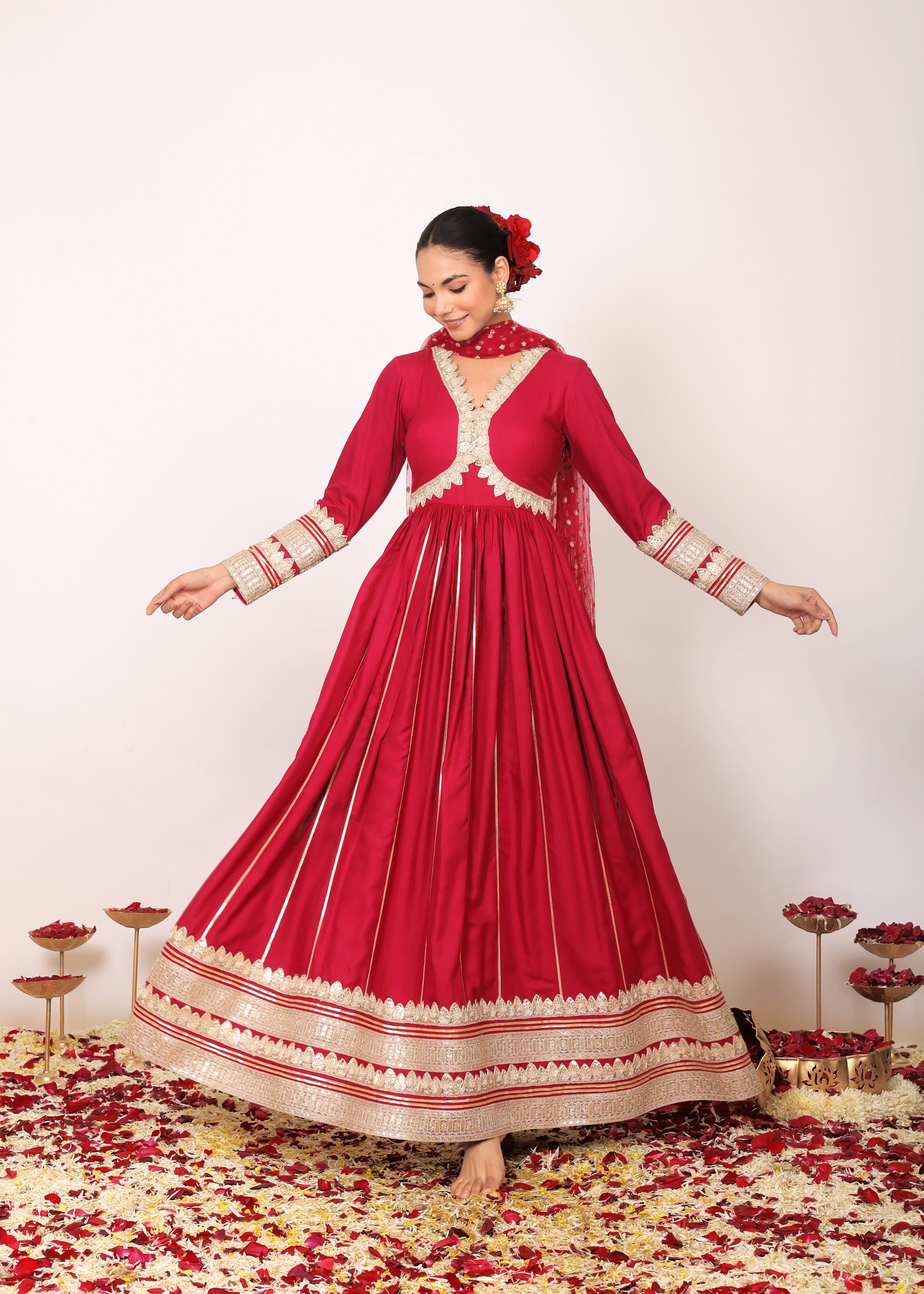 Ruby Wine Solid Anarkali Kurta Set with Gota Work at Bottom Paired With Dupatta - Kaoribyshreya