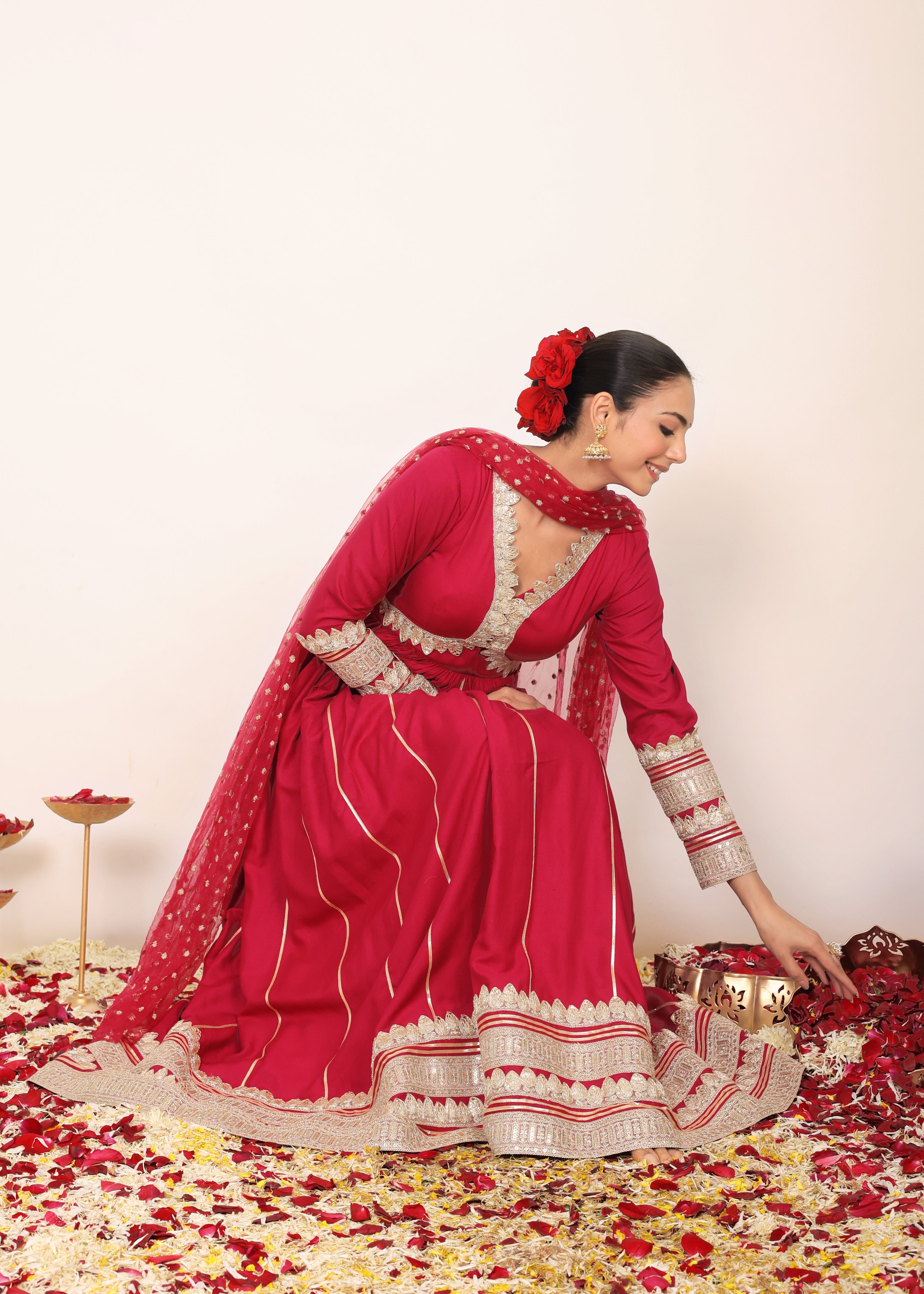 Ruby Wine Solid Anarkali Kurta Set with Gota Work at Bottom Paired With Dupatta - Kaoribyshreya