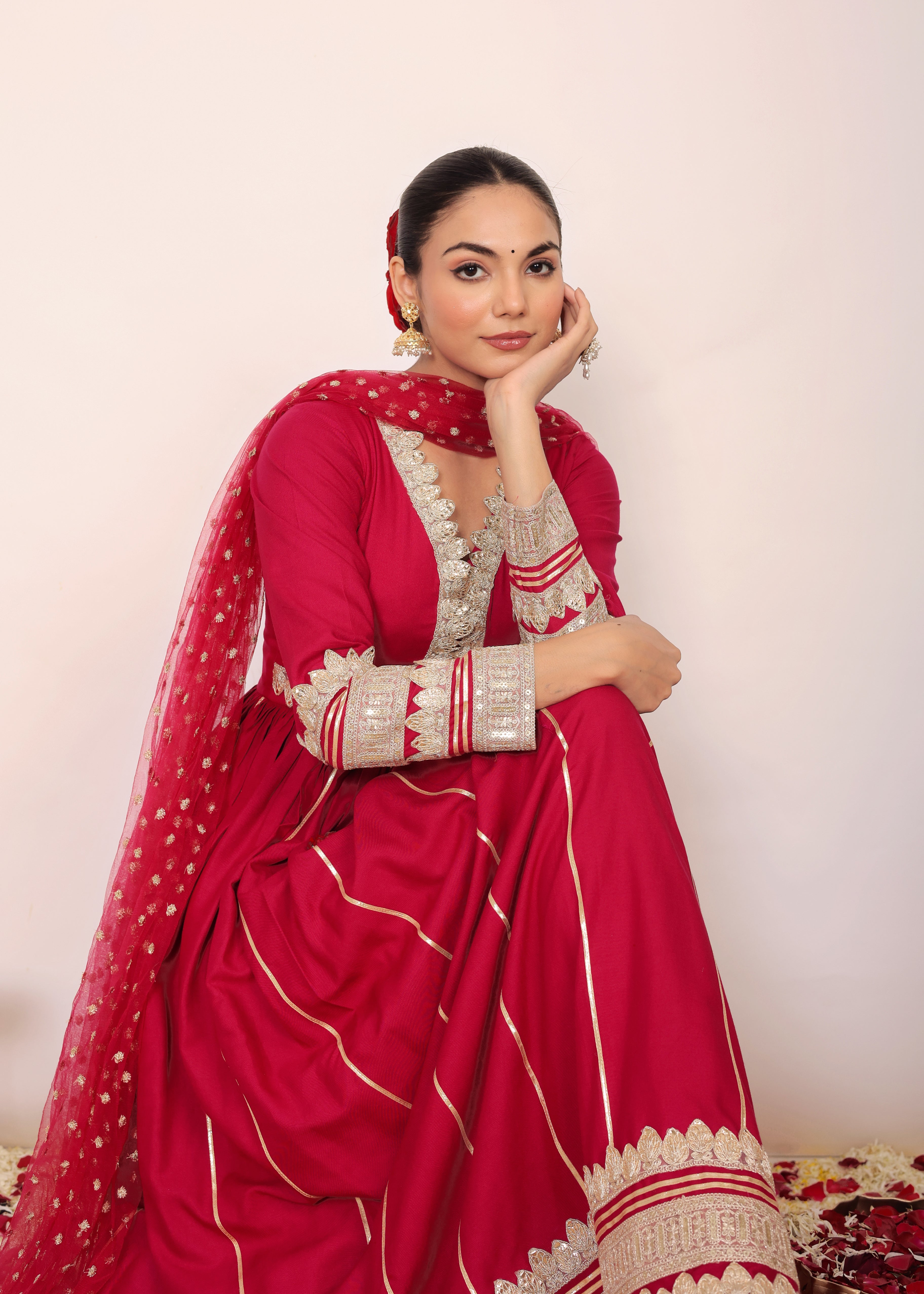 Ruby Wine Solid Anarkali Kurta Set with Gota Work at Bottom Paired With Dupatta - Kaoribyshreya