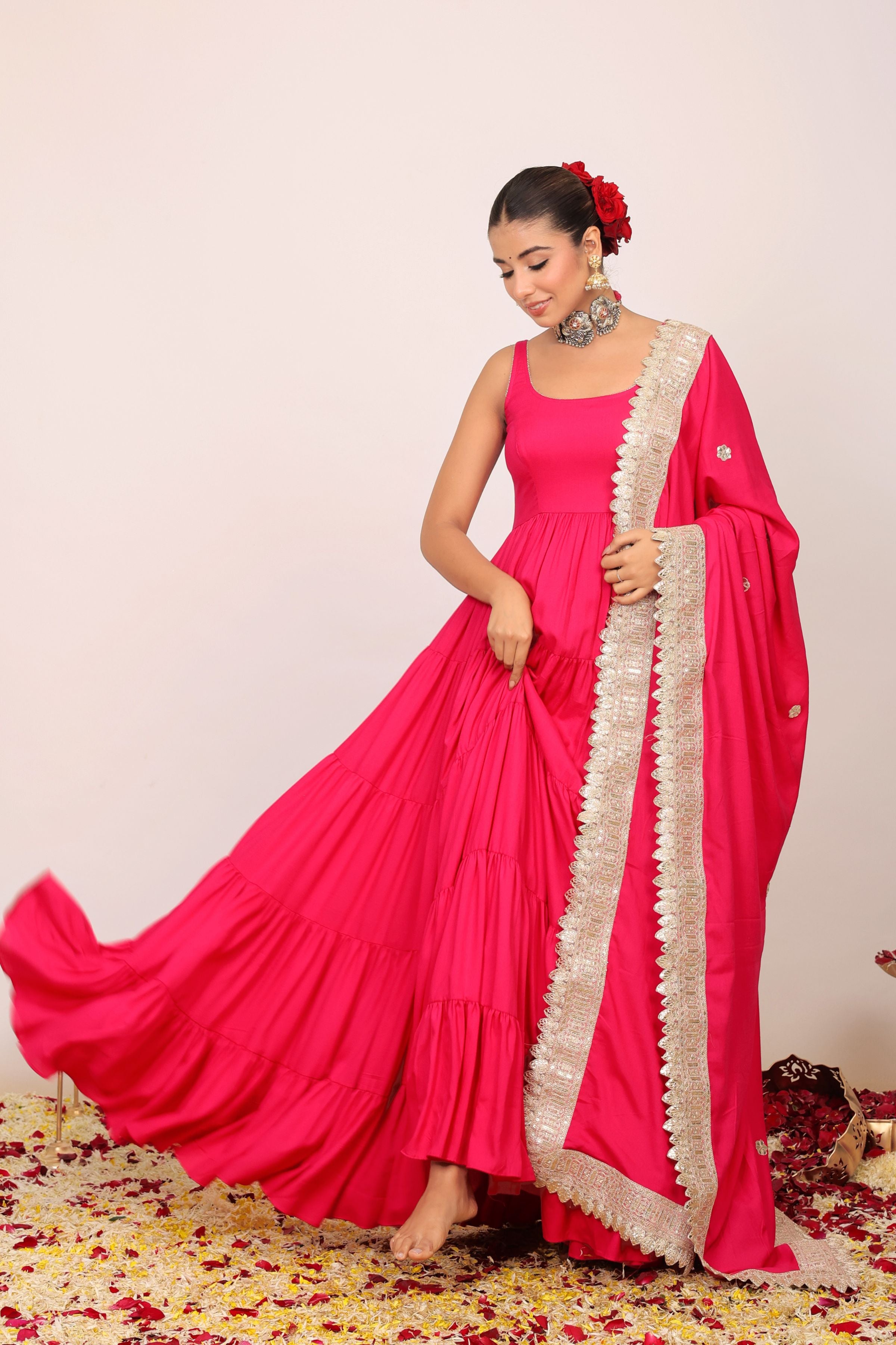 Pink Solid Anarkali Kurta Set Paired With Dupatta Gota Work - Kaoribyshreya