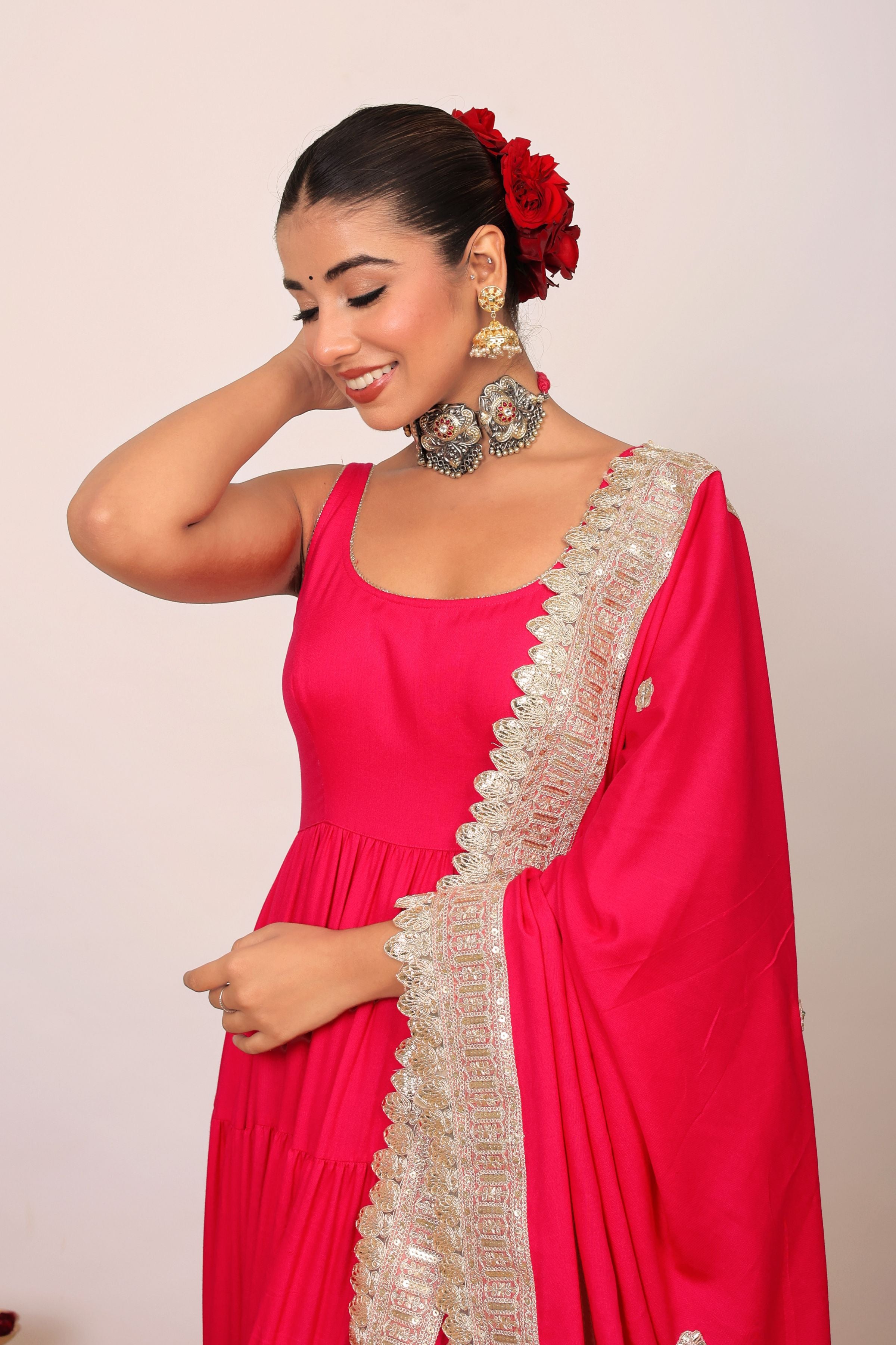 Pink Solid Anarkali Kurta Set Paired With Dupatta Gota Work - Kaoribyshreya
