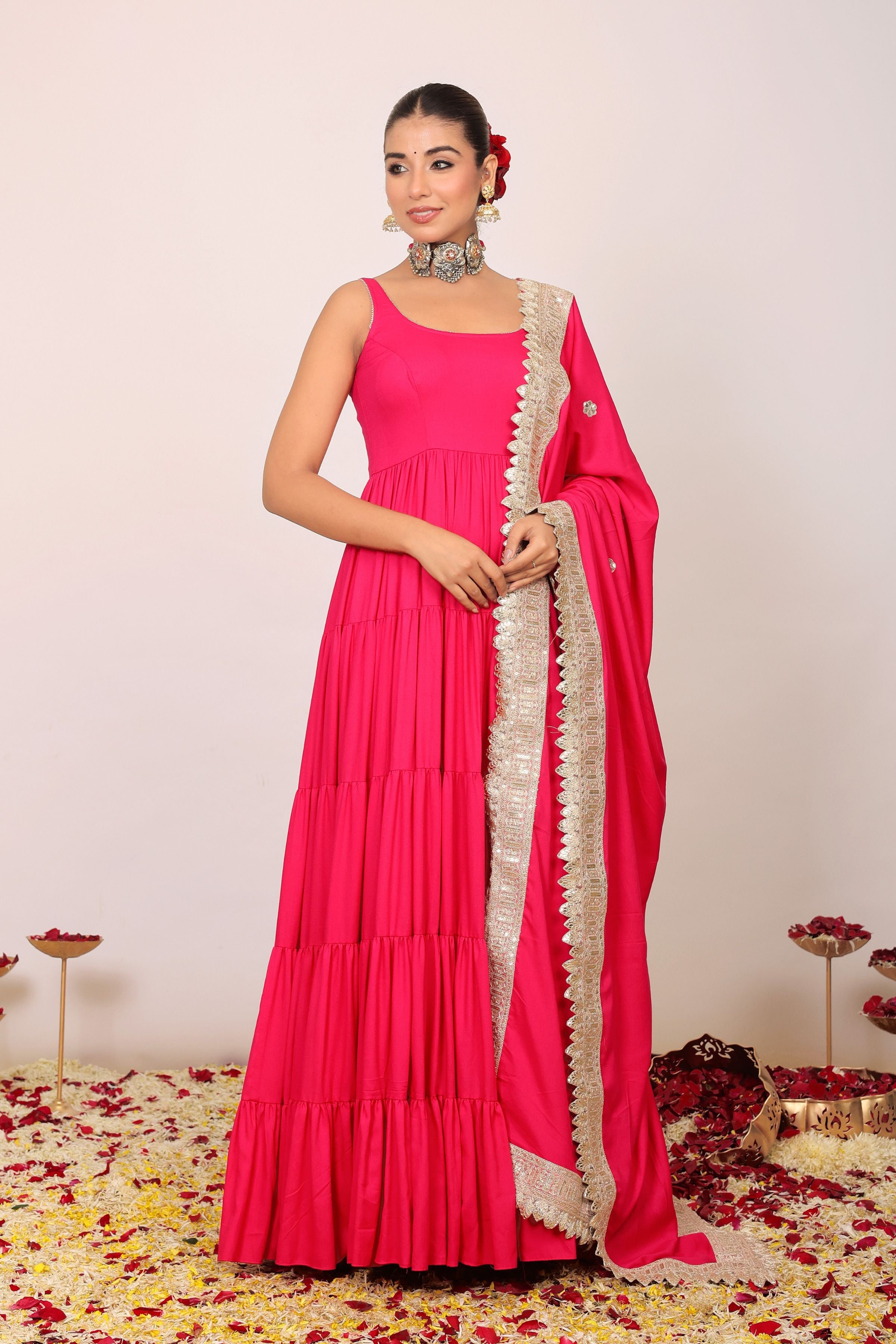 Pink Solid Anarkali Kurta Set Paired With Dupatta Gota Work - Kaoribyshreya