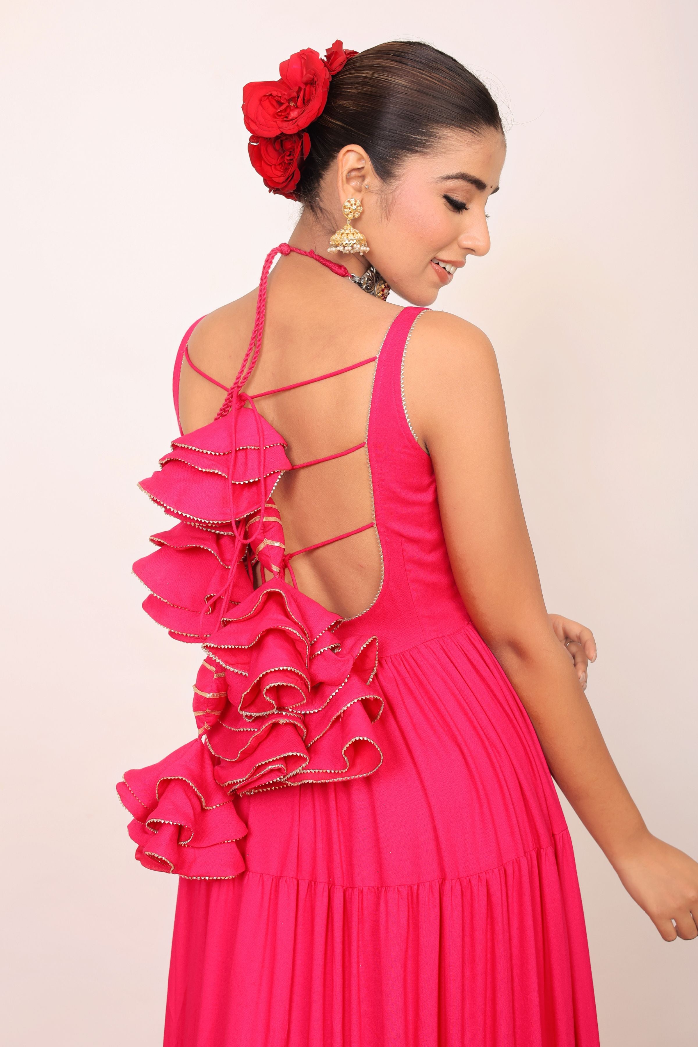 Pink Solid Anarkali Kurta Set Paired With Dupatta Gota Work - Kaoribyshreya