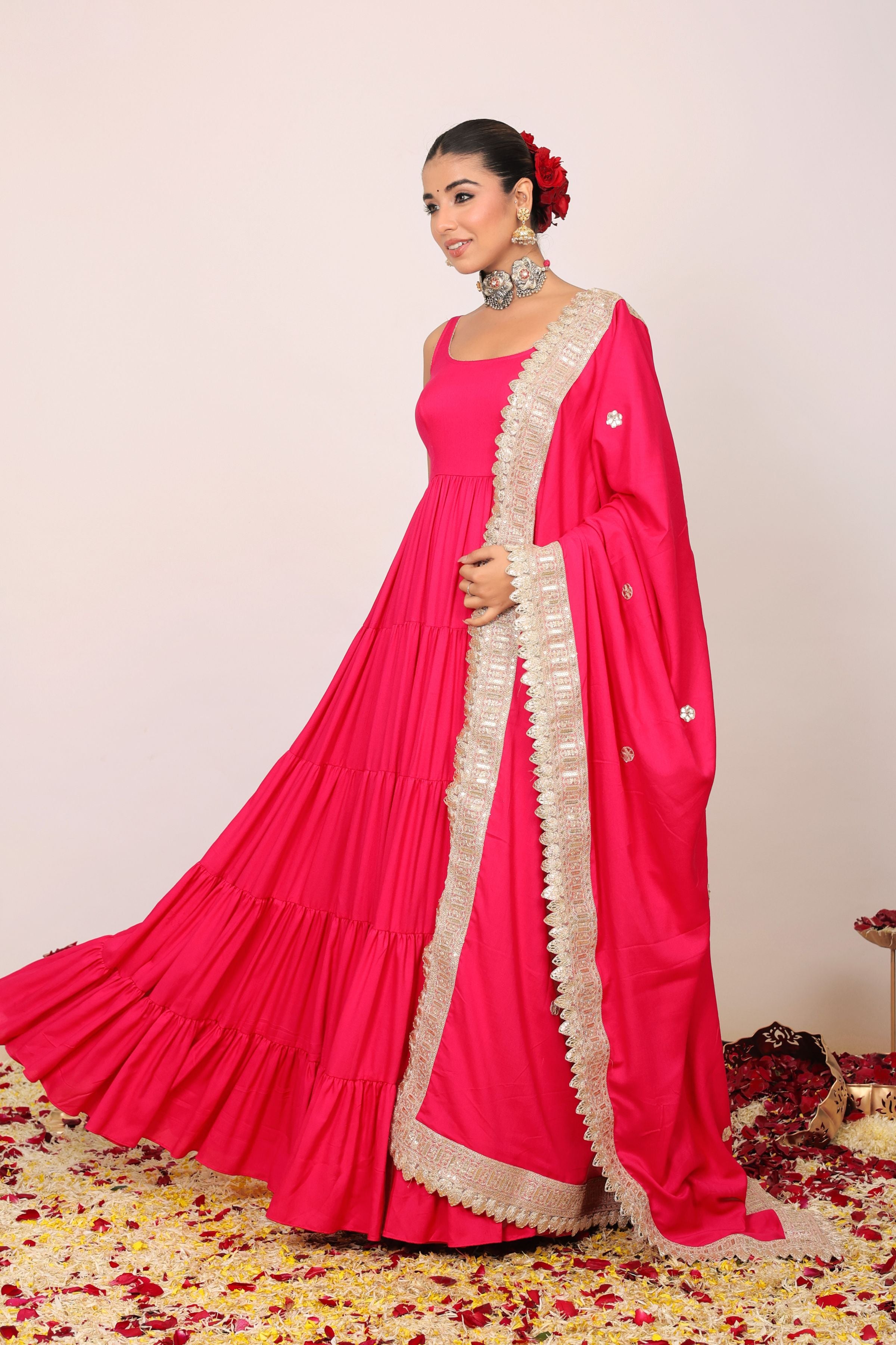 Pink Solid Anarkali Kurta Set Paired With Dupatta Gota Work - Kaoribyshreya