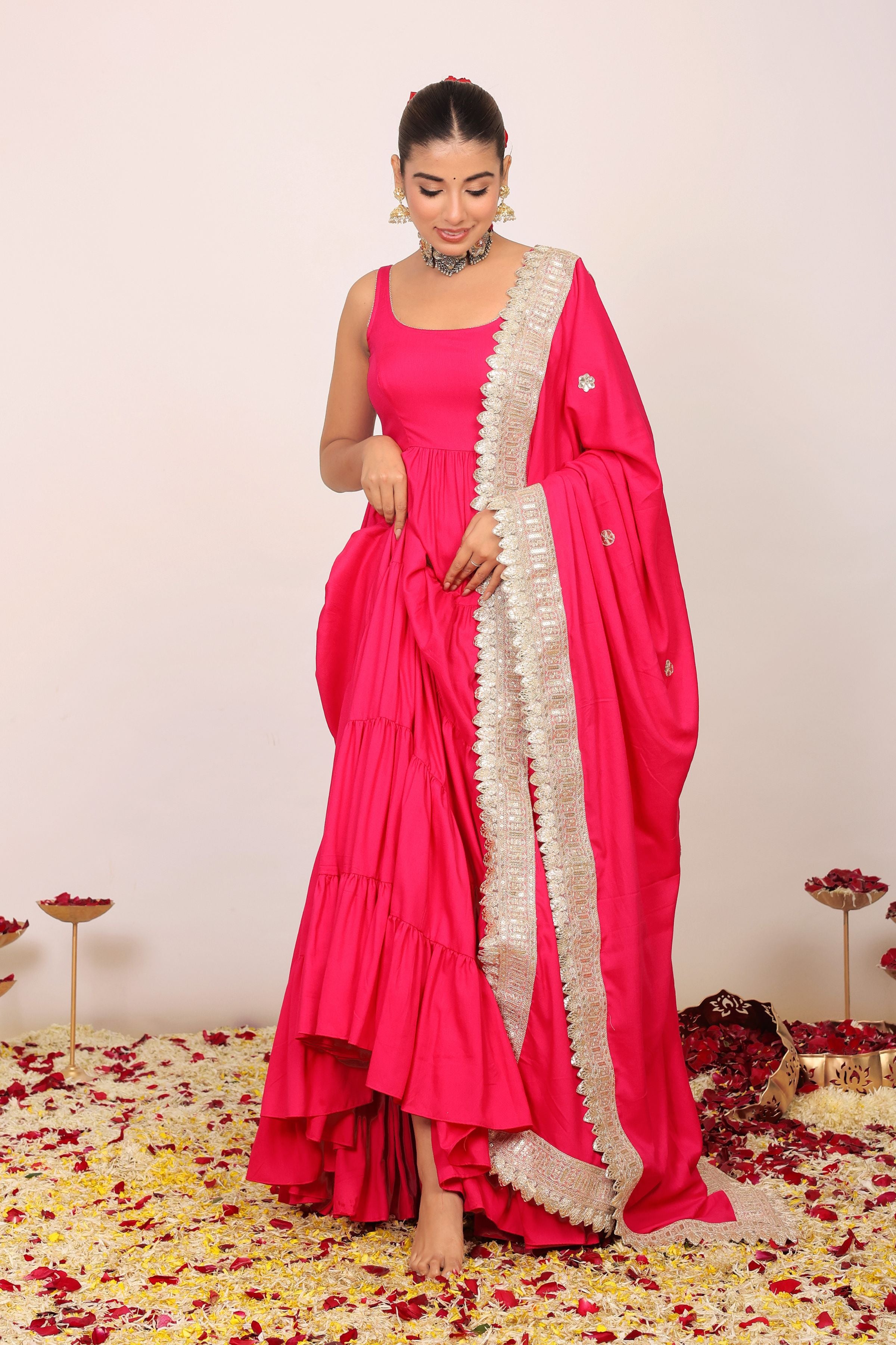 Pink Solid Anarkali Kurta Set Paired With Dupatta Gota Work - Kaoribyshreya