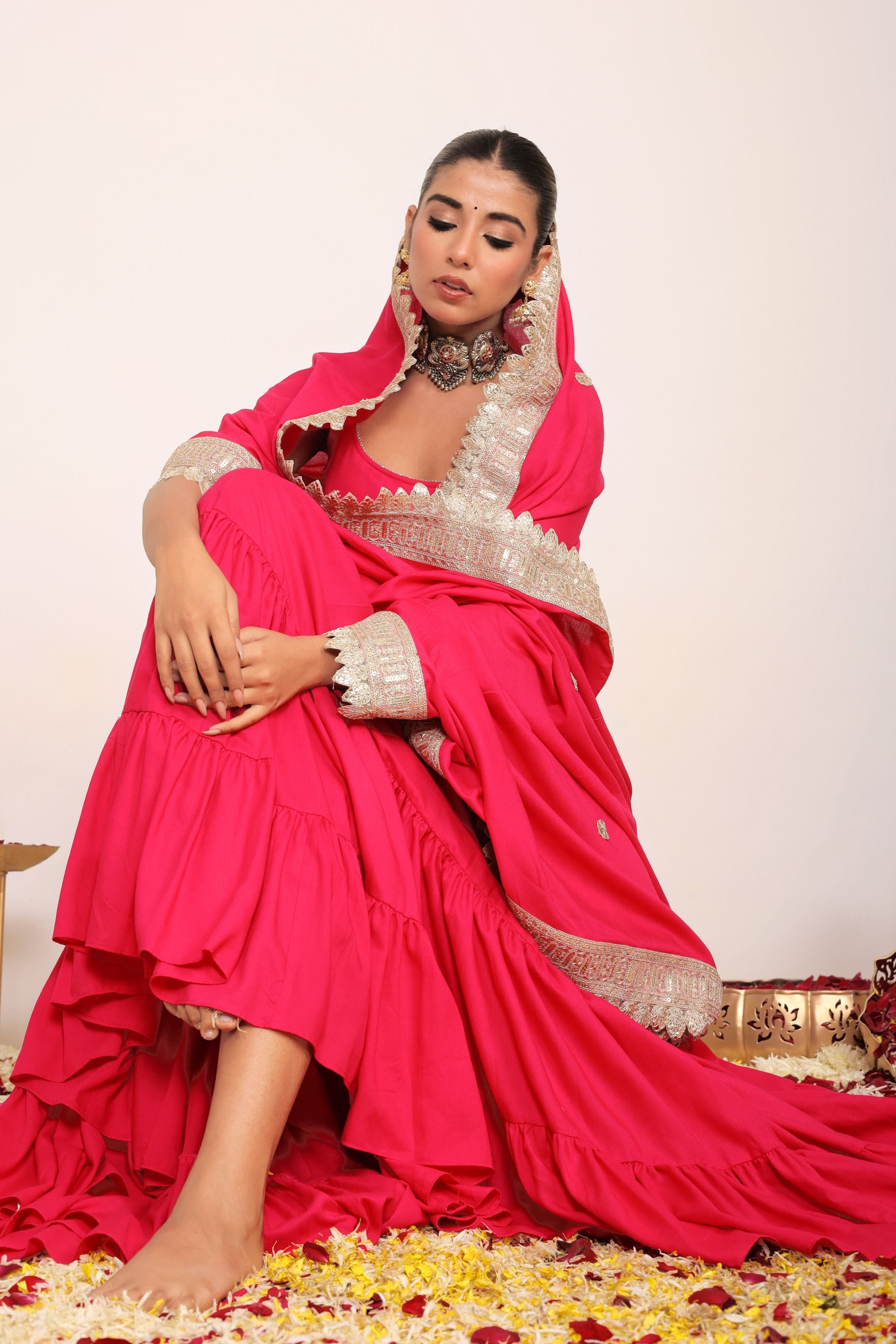 Pink Solid Anarkali Kurta Set Paired With Dupatta Gota Work - Kaoribyshreya