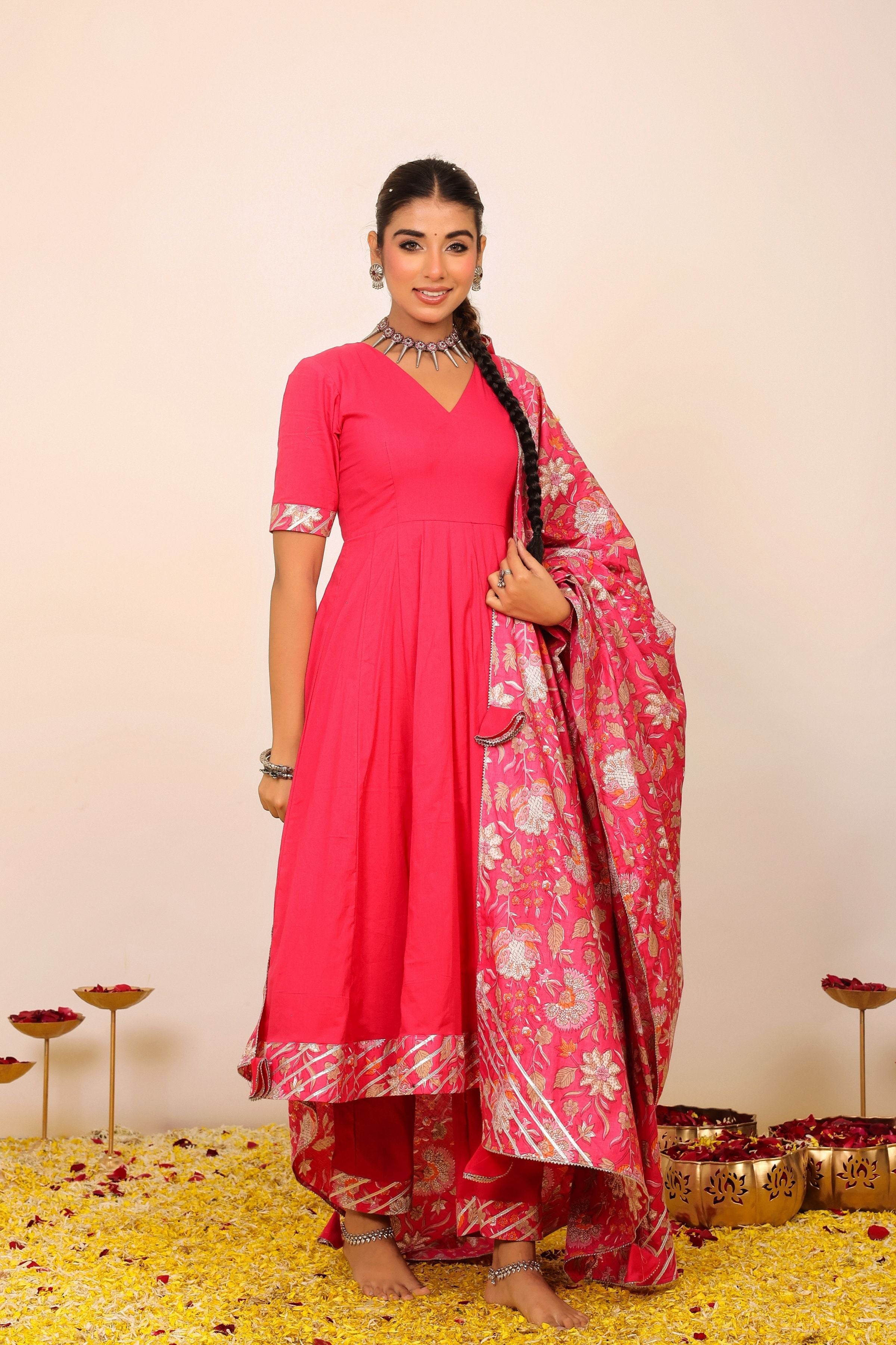 Rani Pink Solid Anarkali Suit Set Paired With Pant and Printed Dupatta - Kaoribyshreya