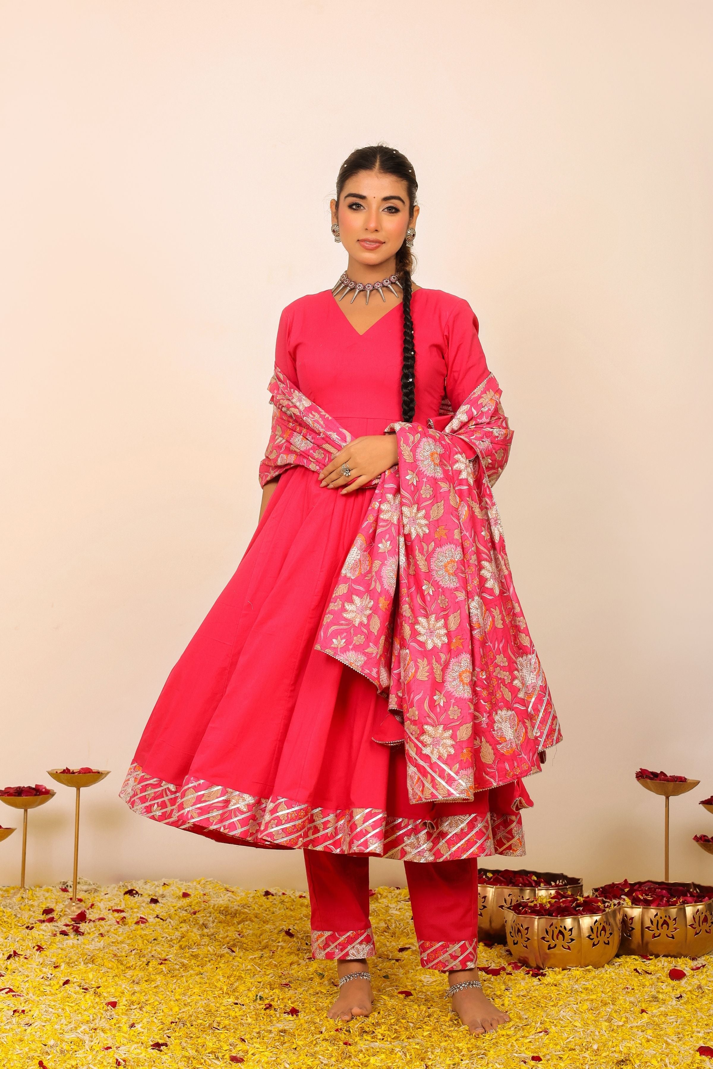 Rani Pink Solid Anarkali Suit Set Paired With Pant and Printed Dupatta - Kaoribyshreya