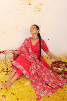 Rani Pink Solid Anarkali Suit Set Paired With Pant and Printed Dupatta - Kaoribyshreya