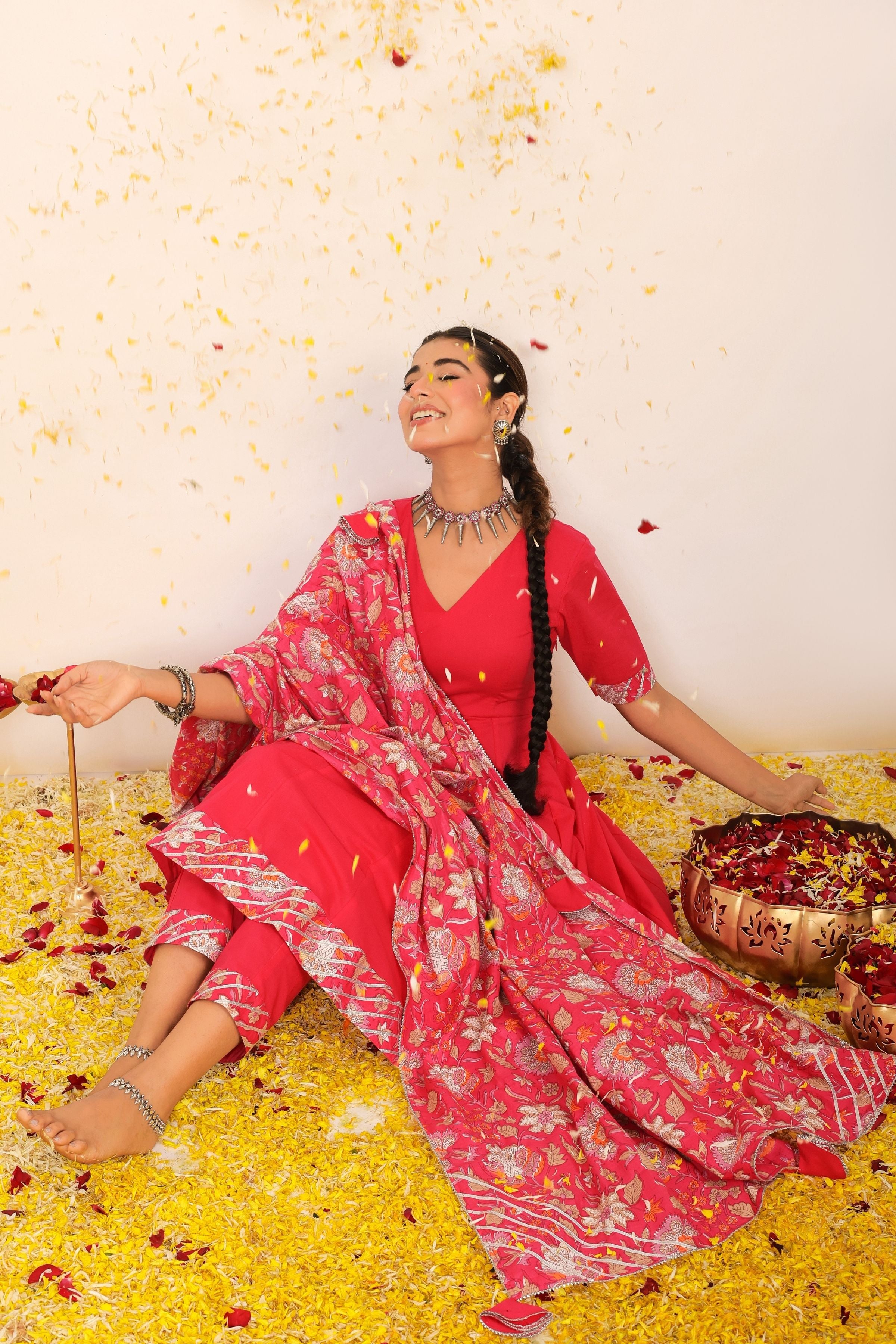 Rani Pink Solid Anarkali Suit Set Paired With Pant and Printed Dupatta - Kaoribyshreya