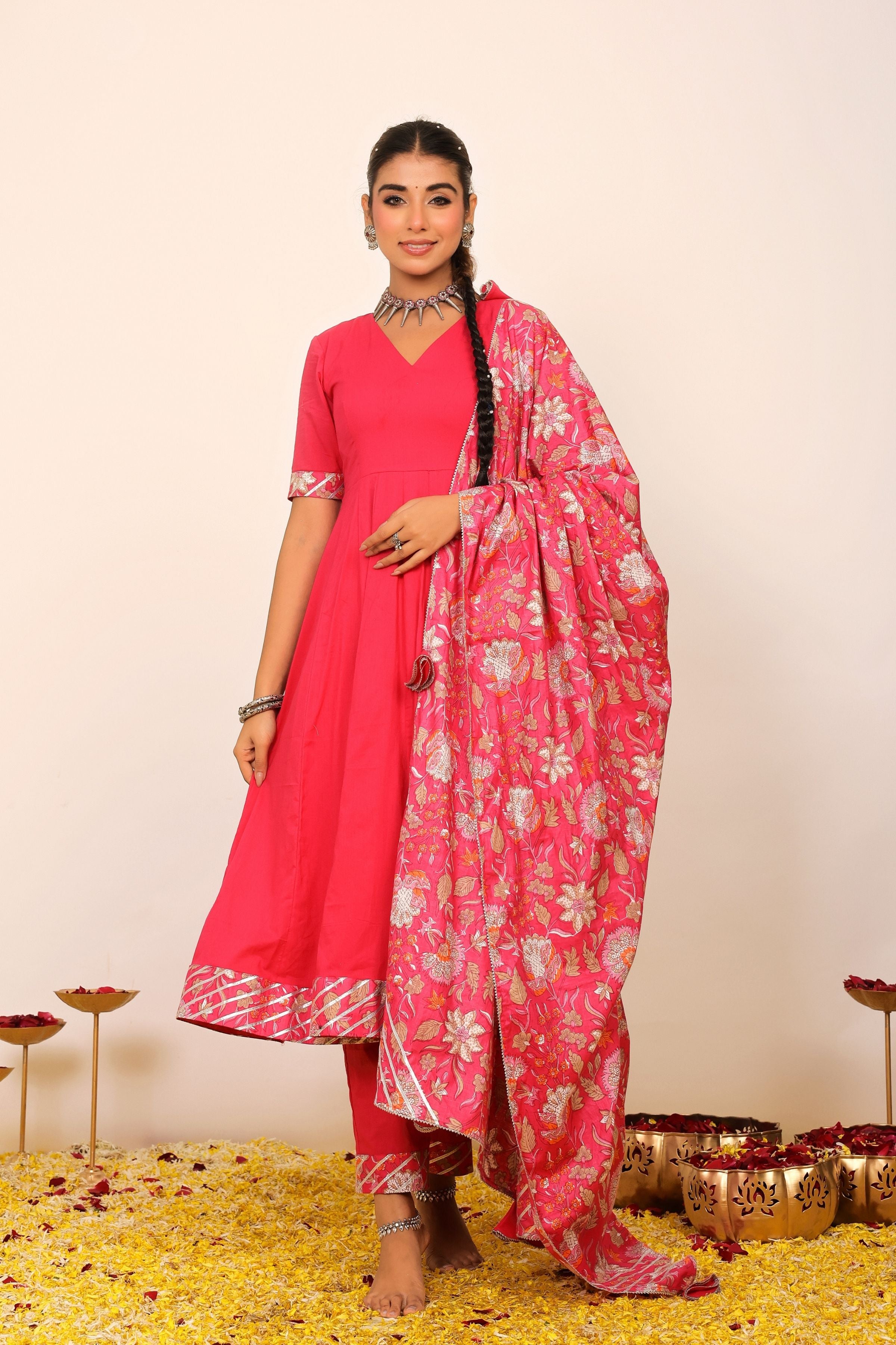 Rani Pink Solid Anarkali Suit Set Paired With Pant and Printed Dupatta - Kaoribyshreya