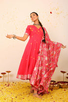 Rani Pink Solid Anarkali Suit Set Paired With Pant and Printed Dupatta - Kaoribyshreya