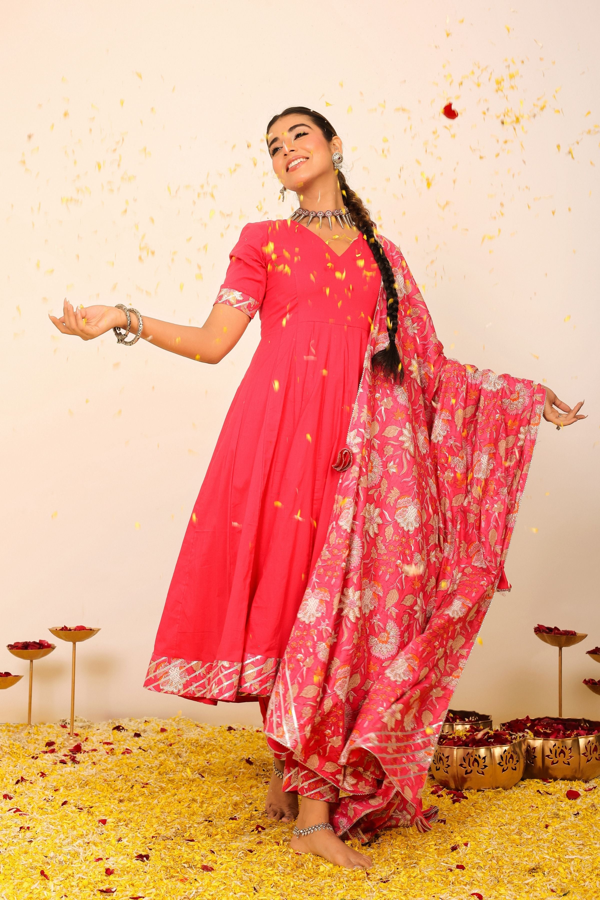 Rani Pink Solid Anarkali Suit Set Paired With Pant and Printed Dupatta - Kaoribyshreya