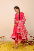 Rani Pink Solid Anarkali Suit Set Paired With Pant and Printed Dupatta - Kaoribyshreya