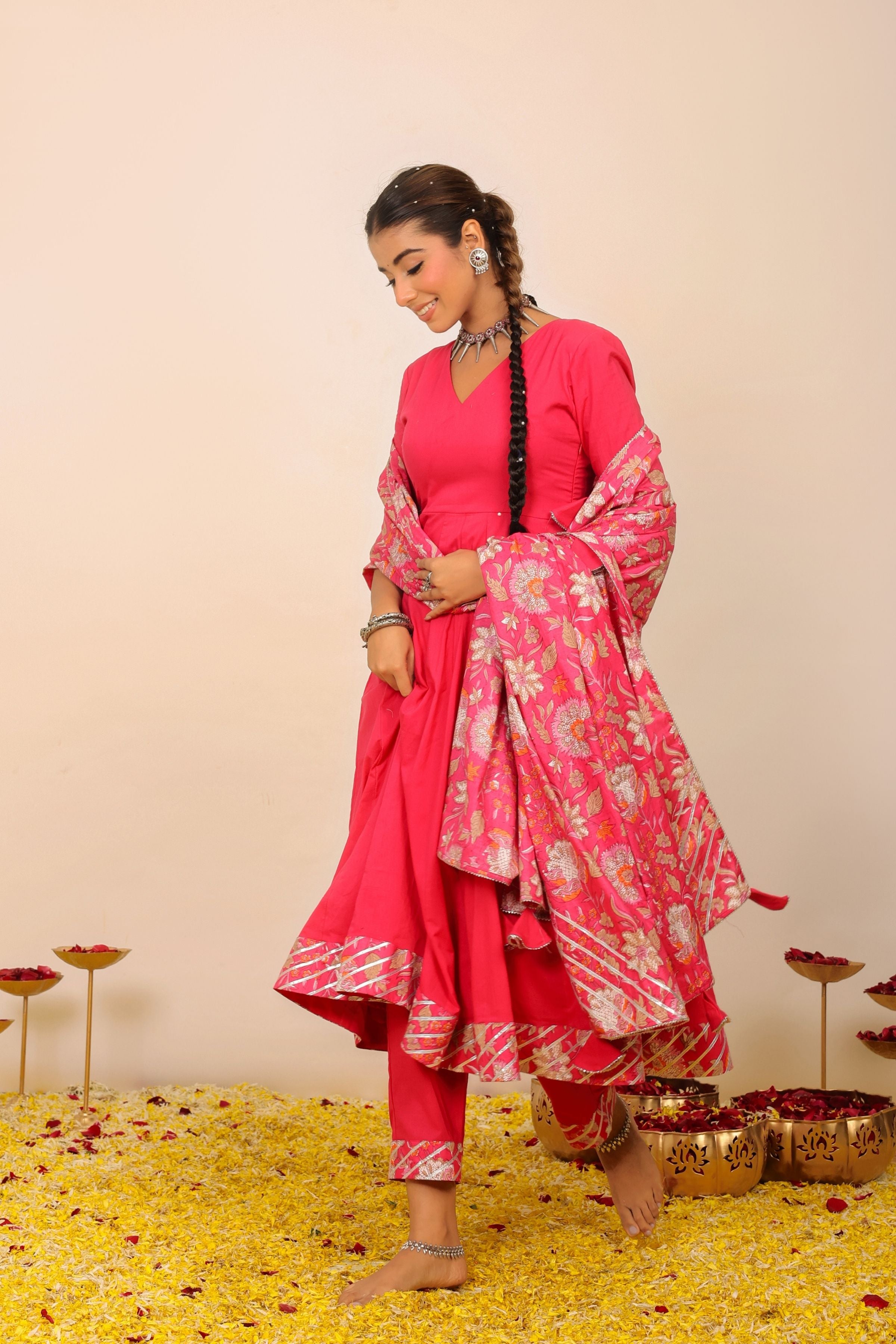 Rani Pink Solid Anarkali Suit Set Paired With Pant and Printed Dupatta - Kaoribyshreya