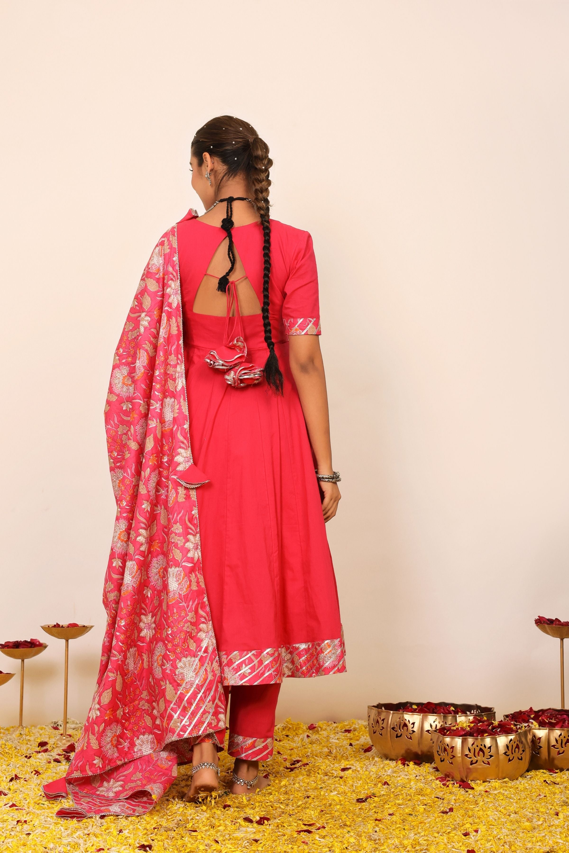 Rani Pink Solid Anarkali Suit Set Paired With Pant and Printed Dupatta - Kaoribyshreya
