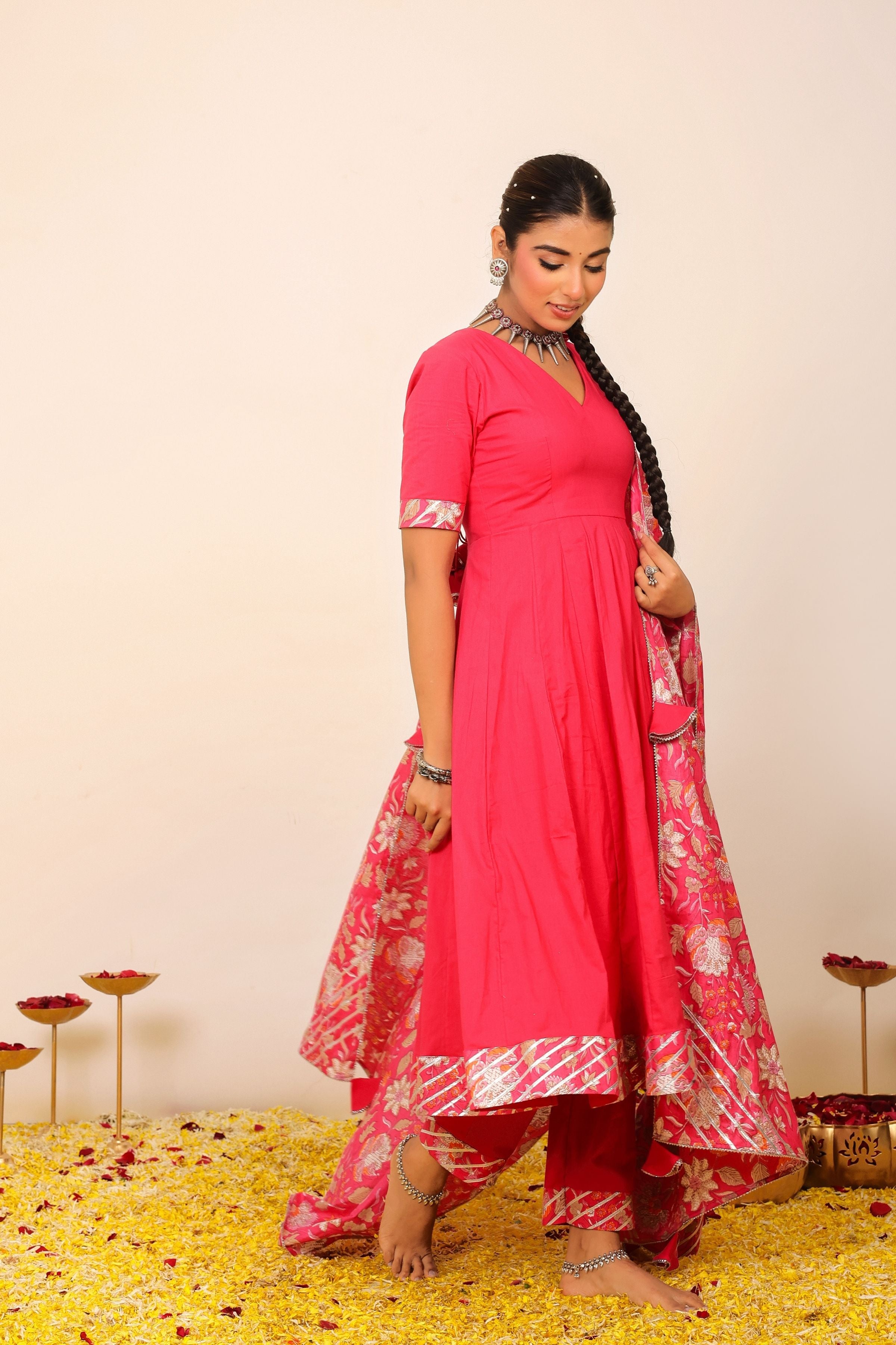 Rani Pink Solid Anarkali Suit Set Paired With Pant and Printed Dupatta - Kaoribyshreya
