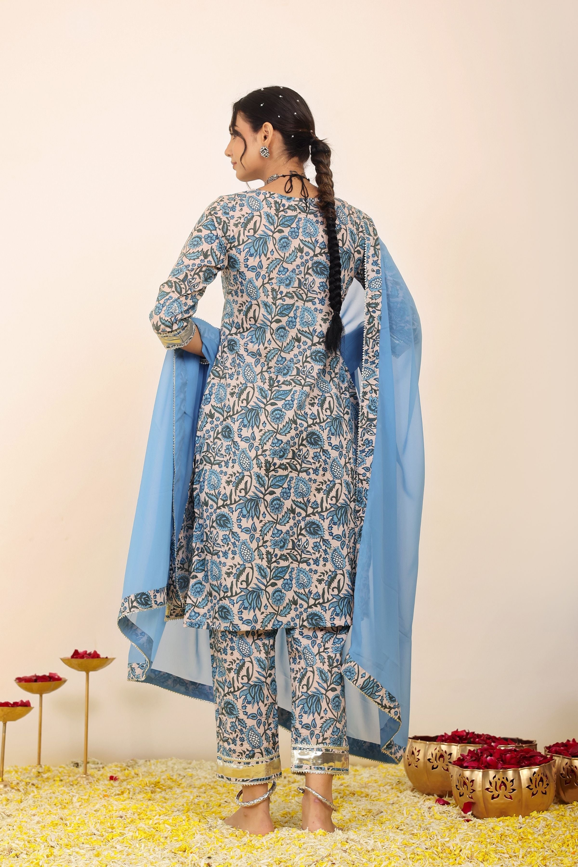 Blue and White Floral Printed Suit Set Paired with Pant and Dupatta - Kaoribyshreya