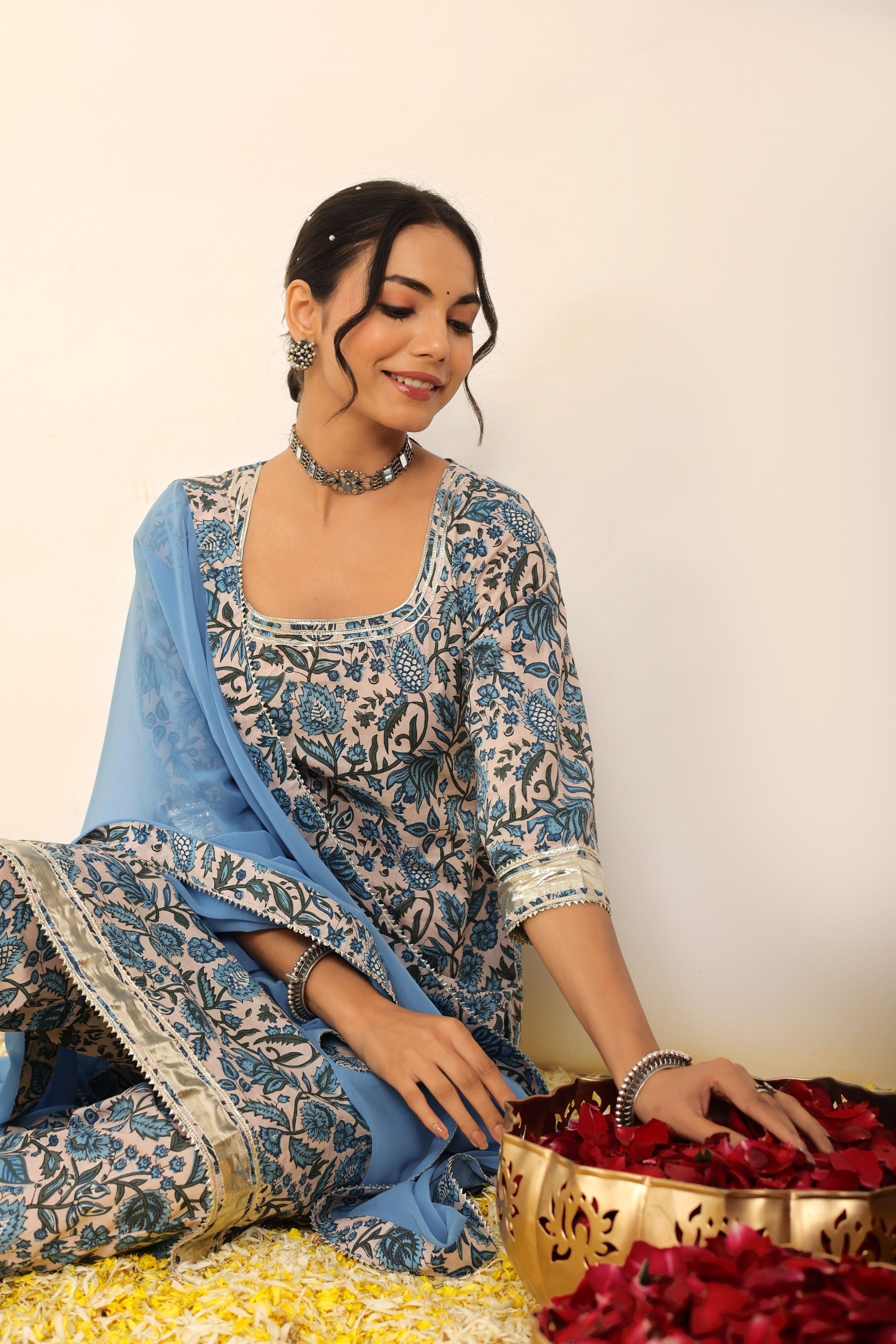 Blue and White Floral Printed Suit Set Paired with Pant and Dupatta - Kaoribyshreya