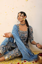 Blue and White Floral Printed Suit Set Paired with Pant and Dupatta - Kaoribyshreya
