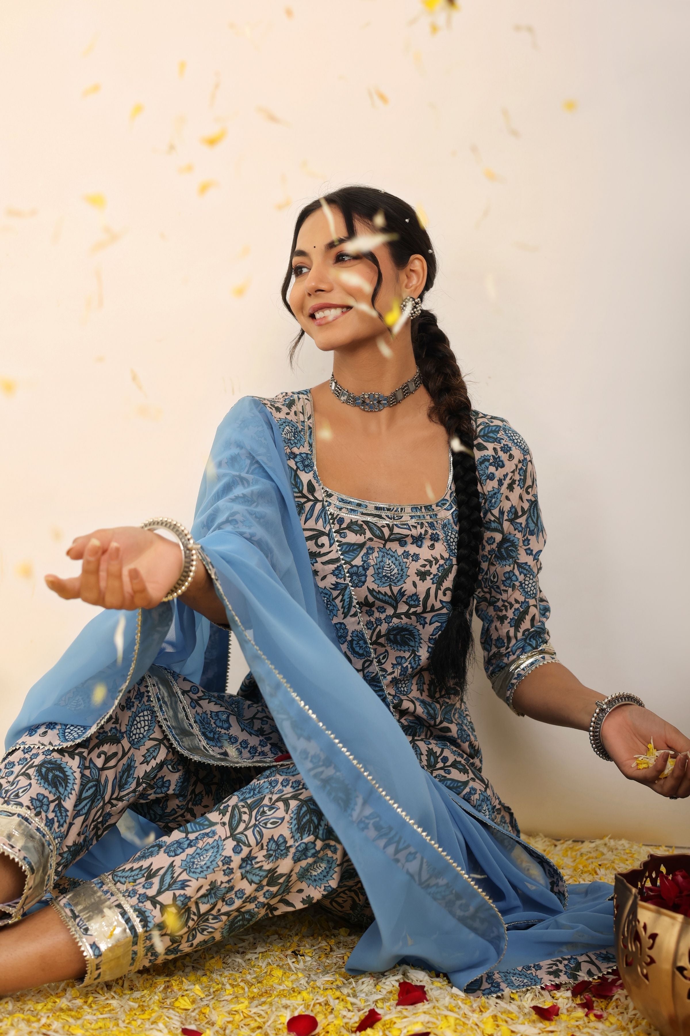Blue and White Floral Printed Suit Set Paired with Pant and Dupatta - Kaoribyshreya