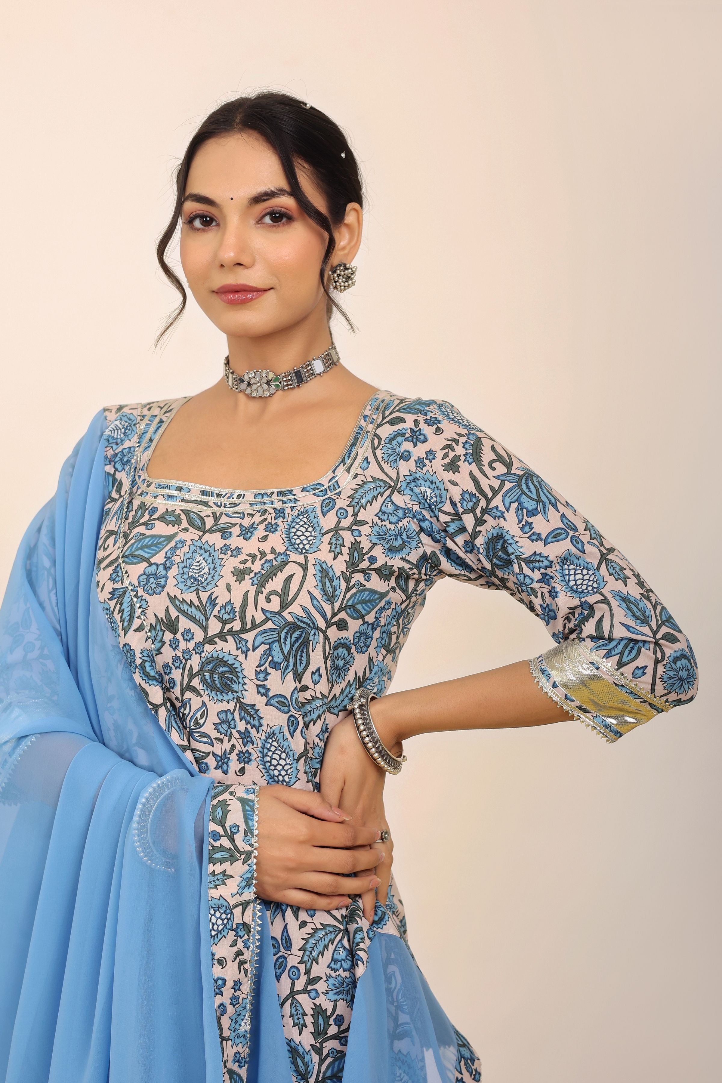 Blue and White Floral Printed Suit Set Paired with Pant and Dupatta - Kaoribyshreya