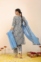 Blue and White Floral Printed Suit Set Paired with Pant and Dupatta - Kaoribyshreya