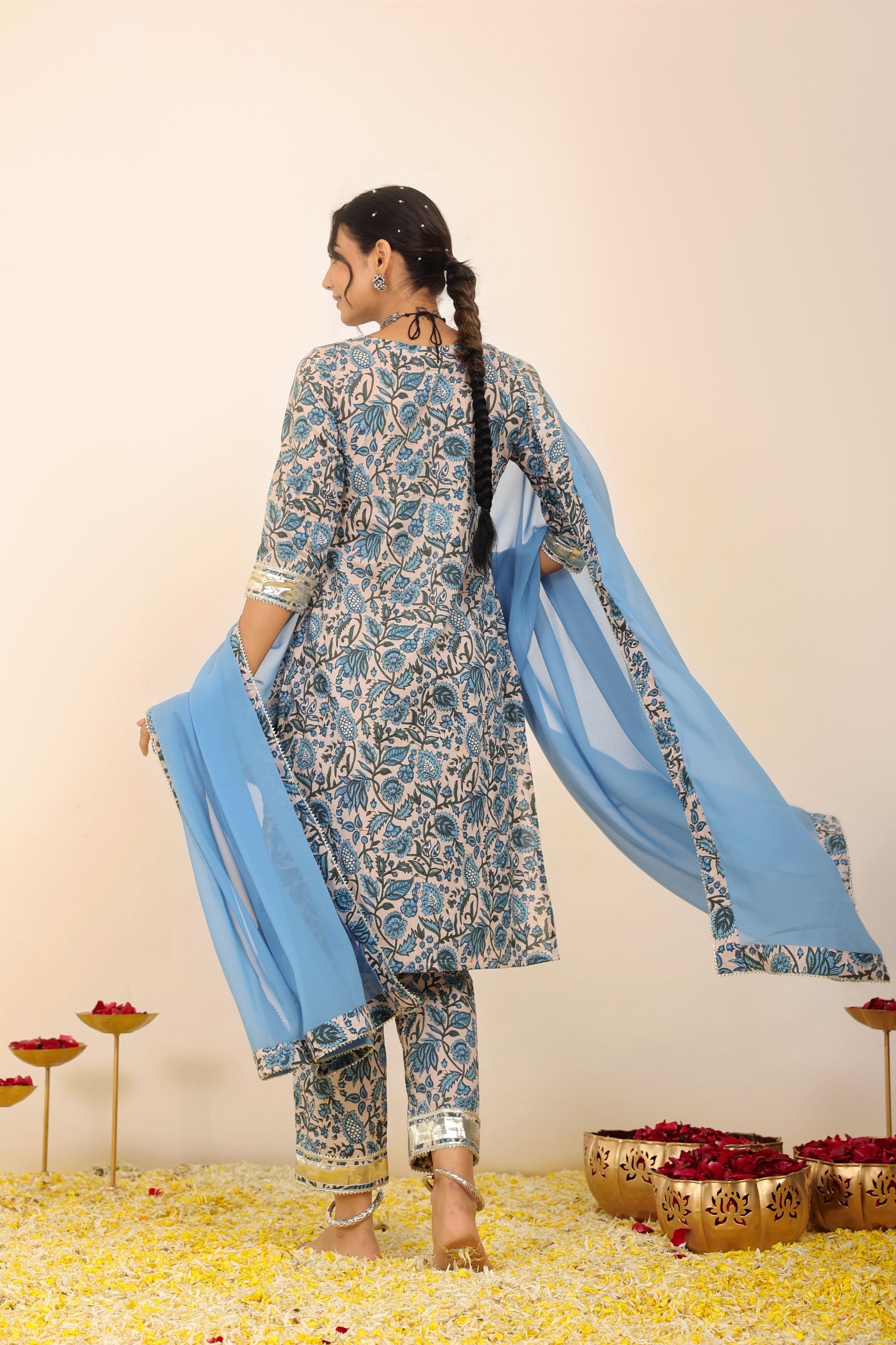 Blue and White Floral Printed Suit Set Paired with Pant and Dupatta - Kaoribyshreya