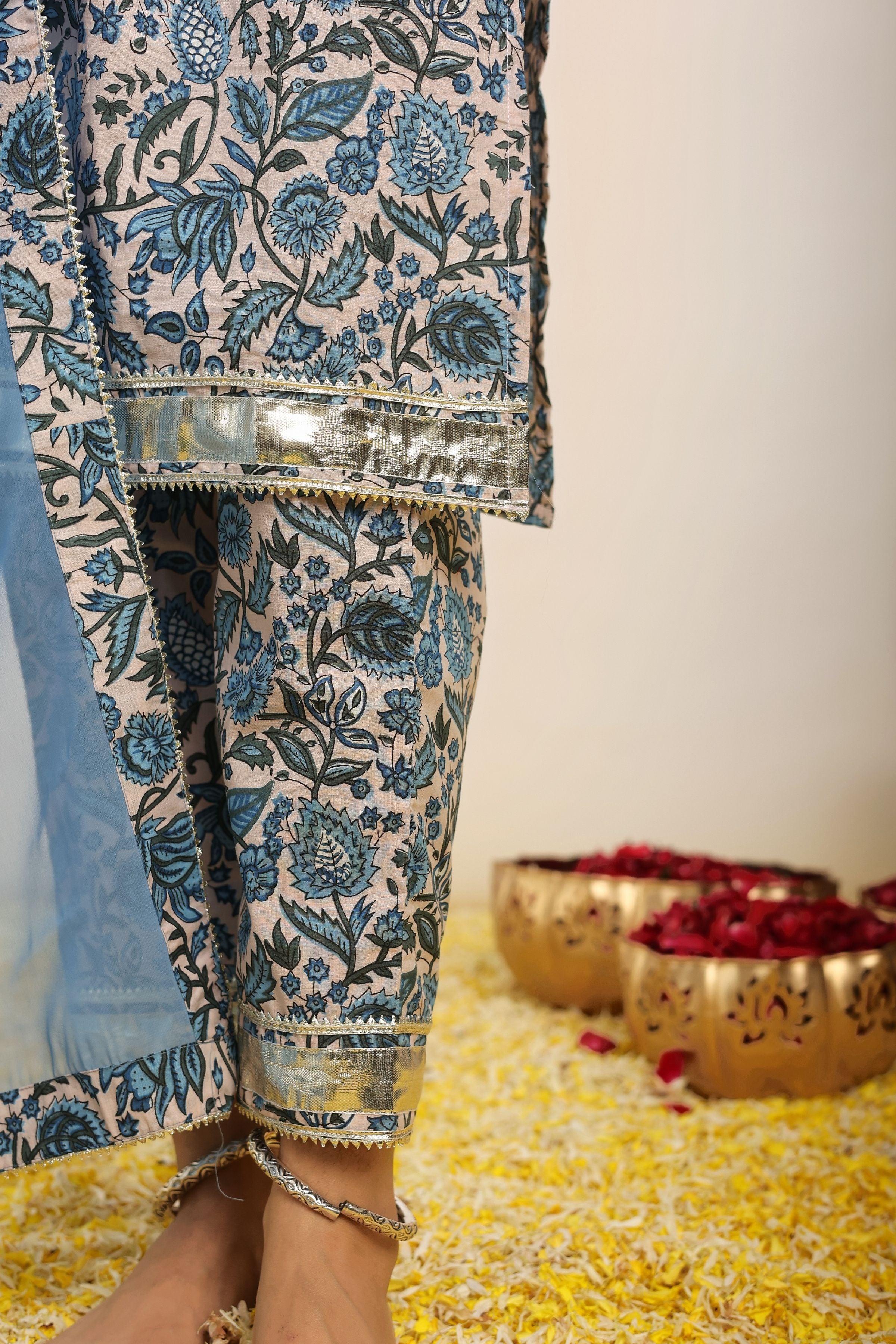 Blue and White Floral Printed Suit Set Paired with Pant and Dupatta - Kaoribyshreya