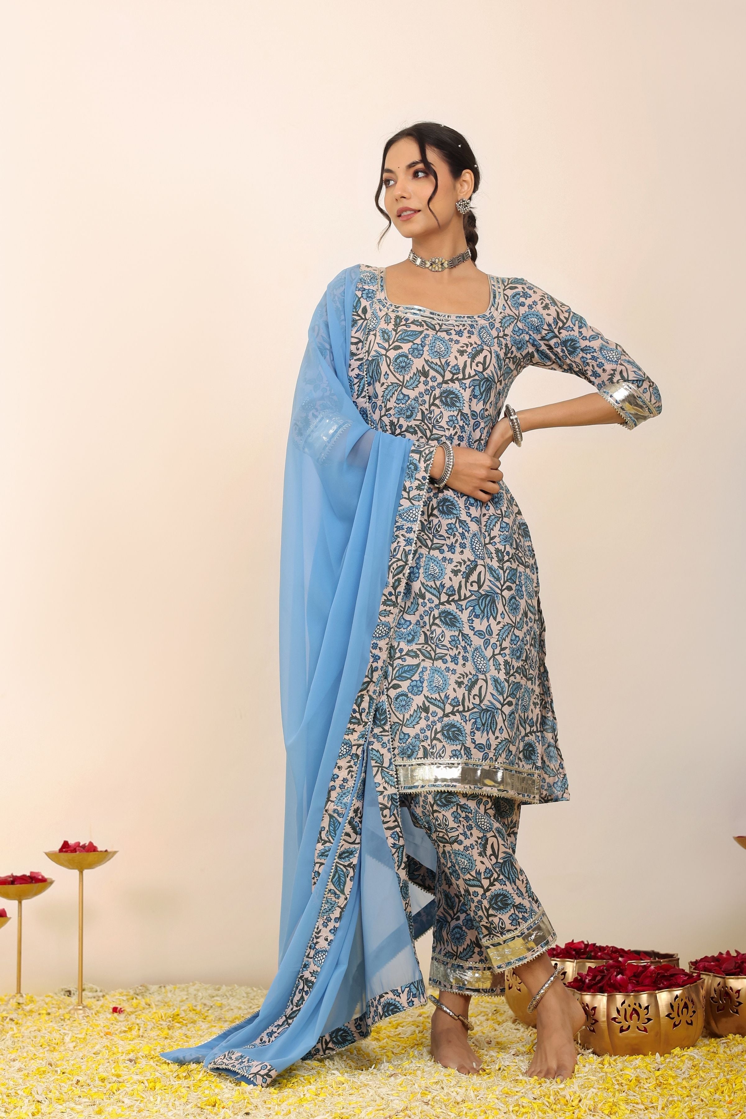 Blue and White Floral Printed Suit Set Paired with Pant and Dupatta - Kaoribyshreya