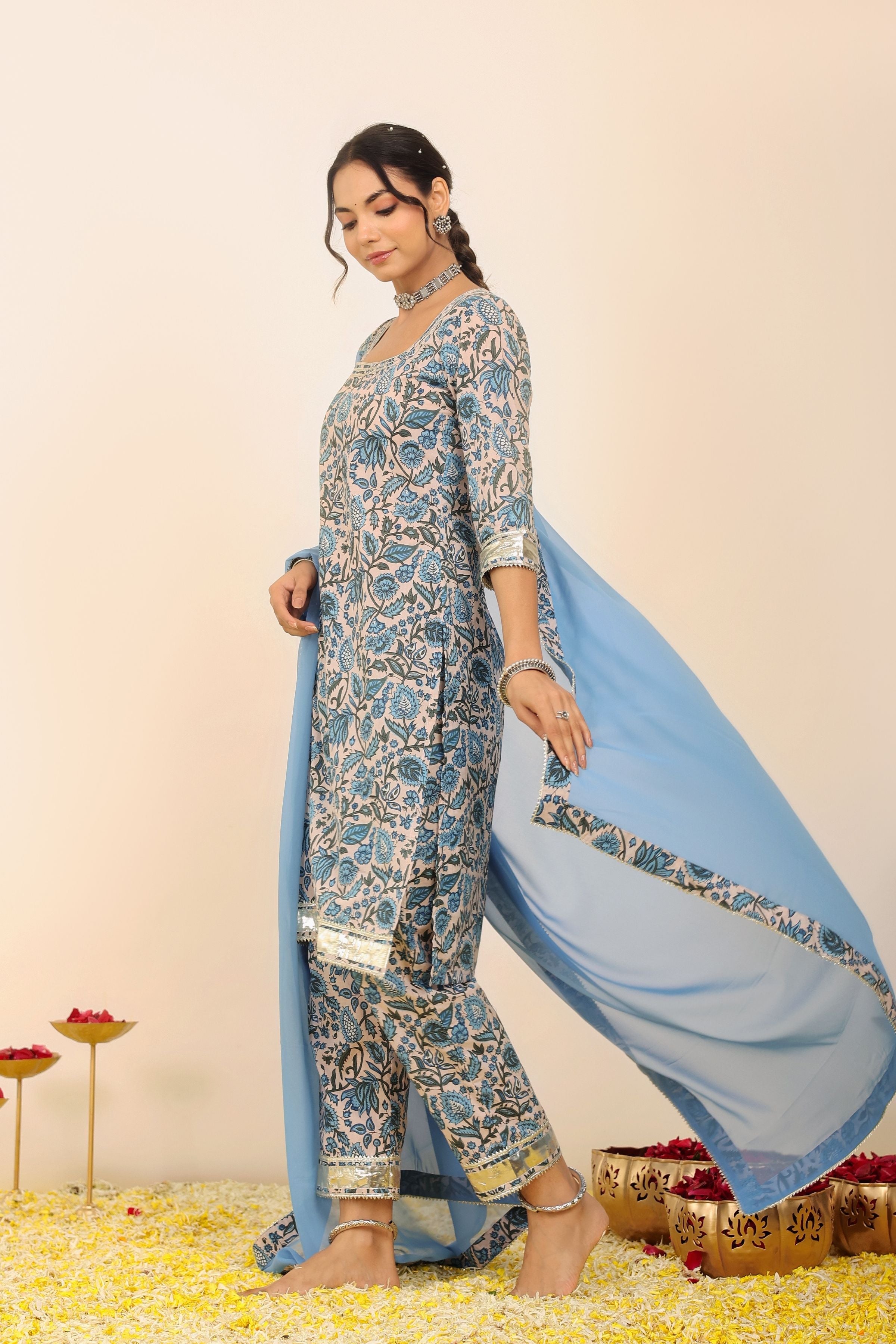 Blue and White Floral Printed Suit Set Paired with Pant and Dupatta - Kaoribyshreya