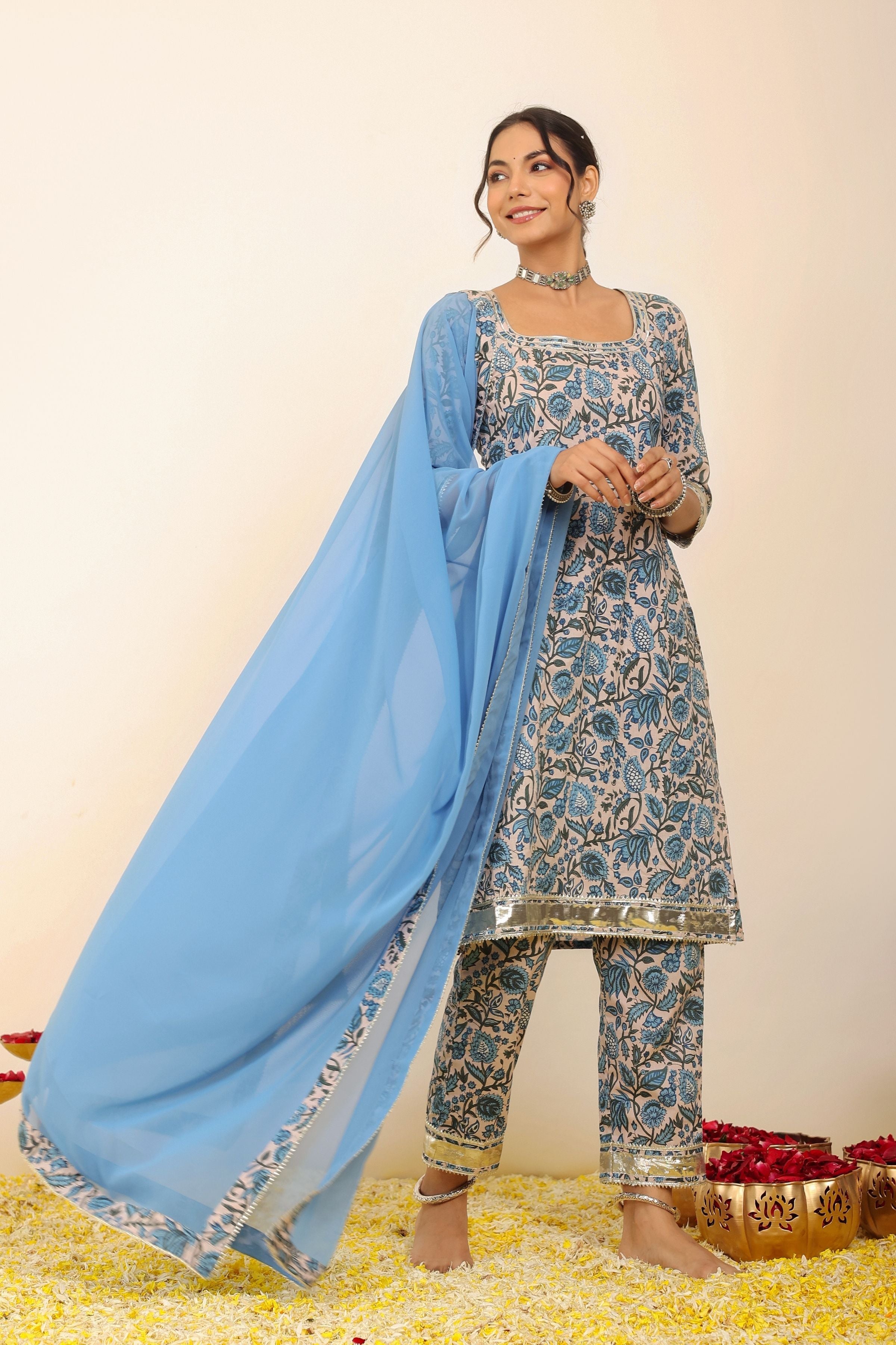 Blue and White Floral Printed Suit Set Paired with Pant and Dupatta - Kaoribyshreya